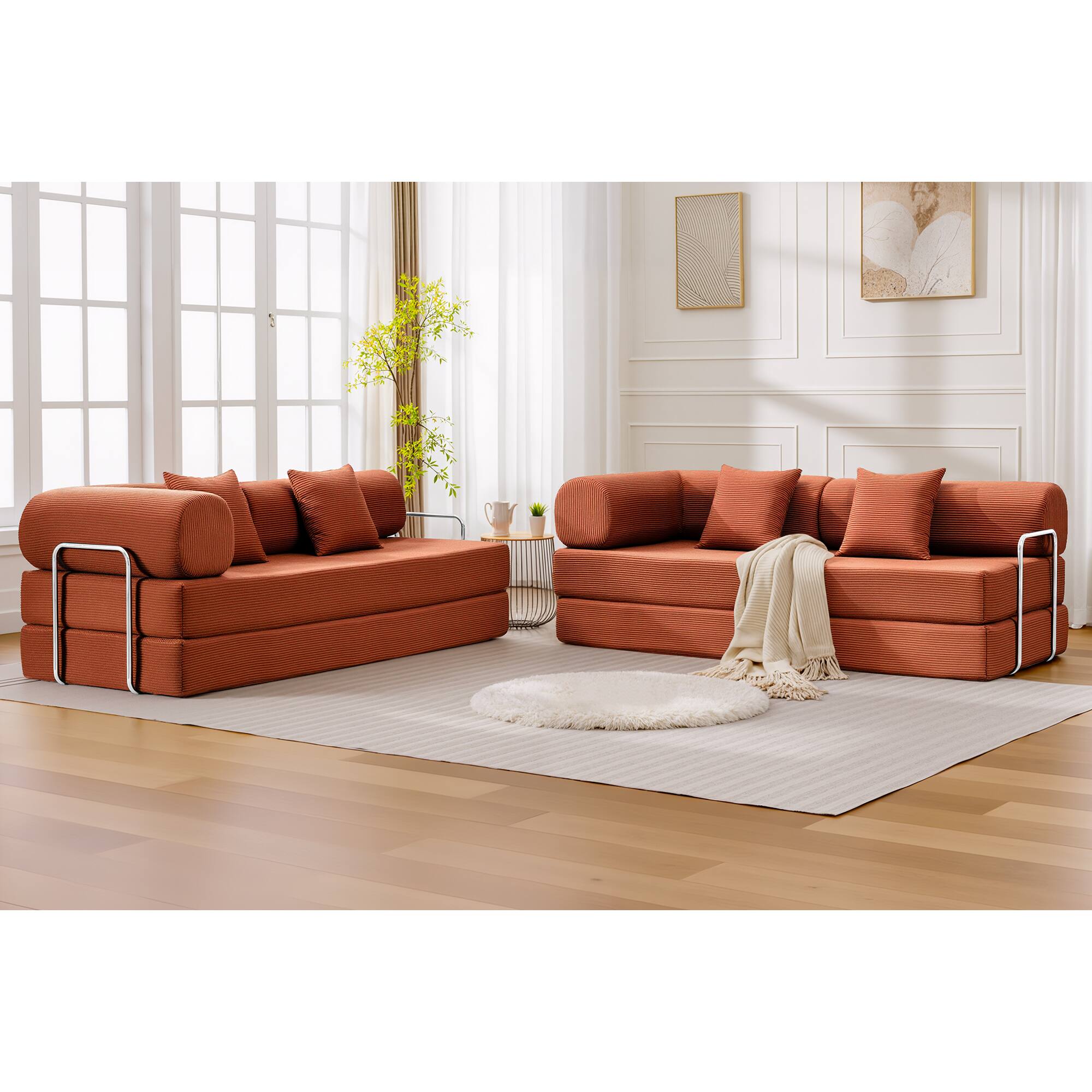 Angle. KERDOM - L-Shaped Corduroy Couch Chaise Lounge, 78'' Foldable Sofa Bed 2pcs Combined, Spliced Block Modular Sectional Sponge Sofa - Pumkin Brown.