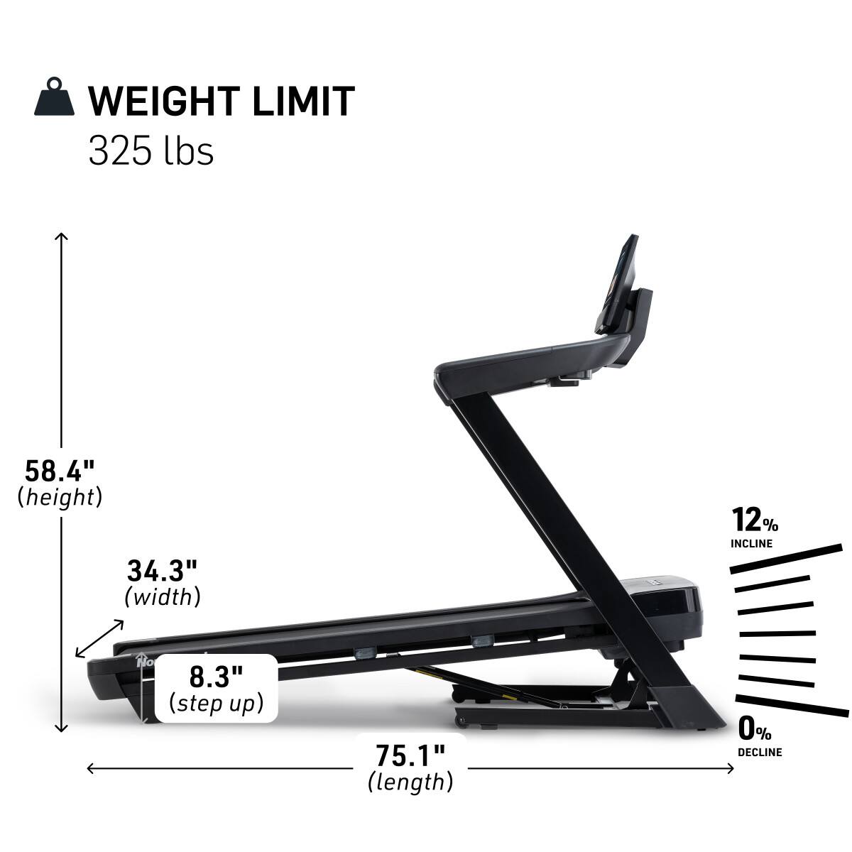 - WEIGHT LIMIT: 325 lbs
- HEIGHT: 58.4"
- WIDTH: 34.3"
- STEP UP: 8.3"
- LENGTH: 75.1"
- INCLINE: 12%
- DECLINE: 0%