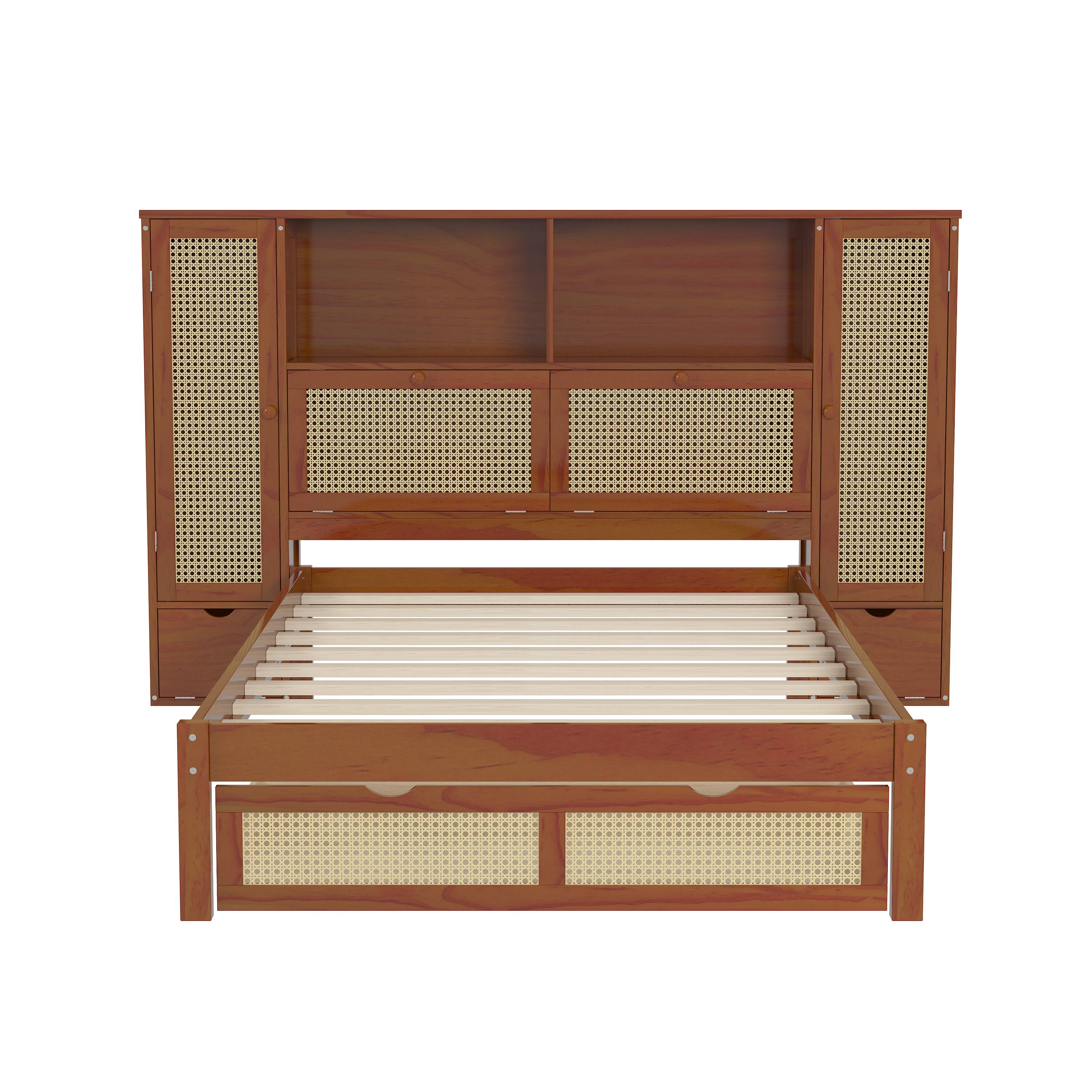 Back. Tiramisubest - Twin Size Wooden Multifunctional Platform Bed with Two Storage Lockers, Drawer, and Storage Shelf on Headboard - Walnut.