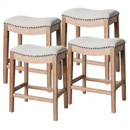 Maven Lane - Adrien Saddle Counter Stool Finish w/ Sand Color Fabric Upholstery, Set of 4 - Weathered Oak
