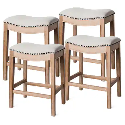 Front. Maven Lane - Maven Lane Adrien Saddle Counter Stool in Weathered Oak Finish w/ Sand Color Fabric Upholstery, Set of 4 - Weathered Oak.
