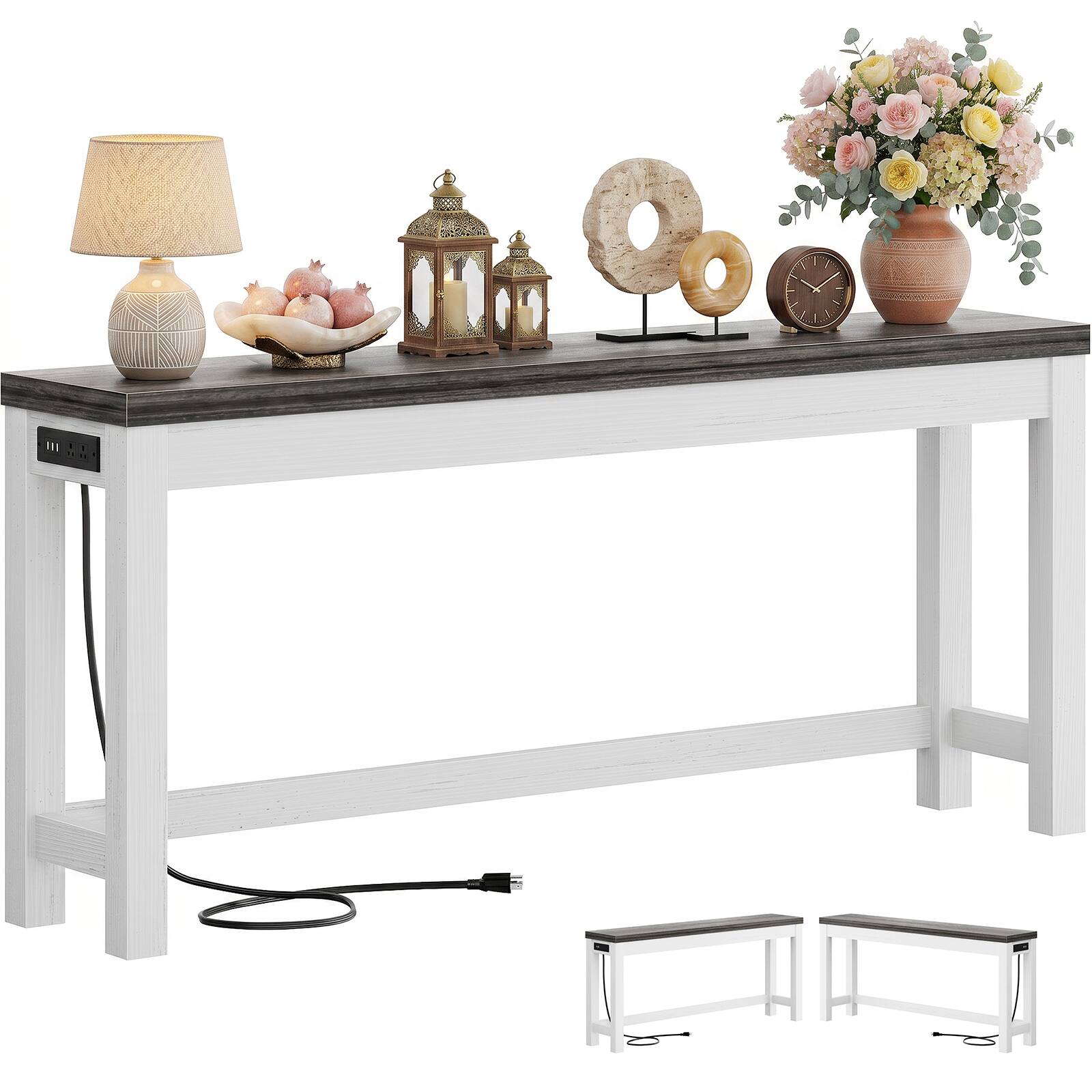 Angle. Aheaplus - 63'' Long Narrow Console Table with Charging Station for Entryway - White & Gray.