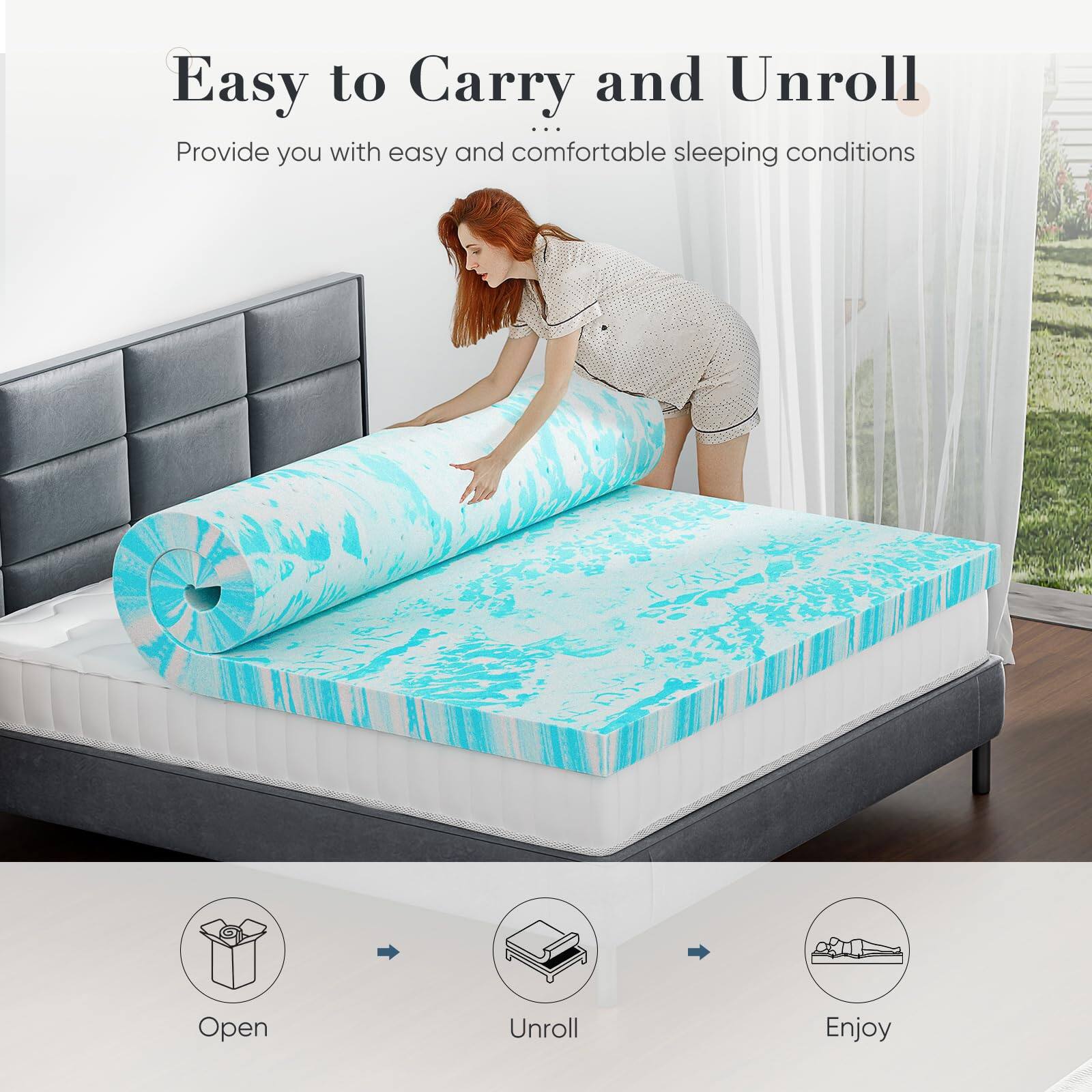 Easy to Carry and Unroll  
Provide you with easy and comfortable sleeping conditions  

Open  
Unroll  
Enjoy