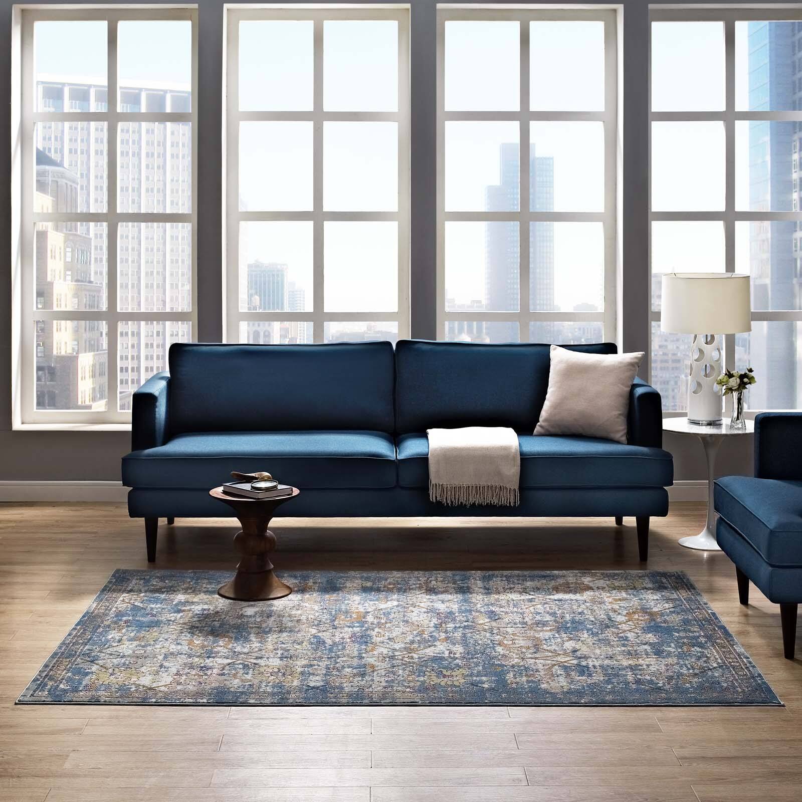 Left. Modway - Minu Distressed Floral Lattice Area Rug - Blue Gray Yellow and Orange.