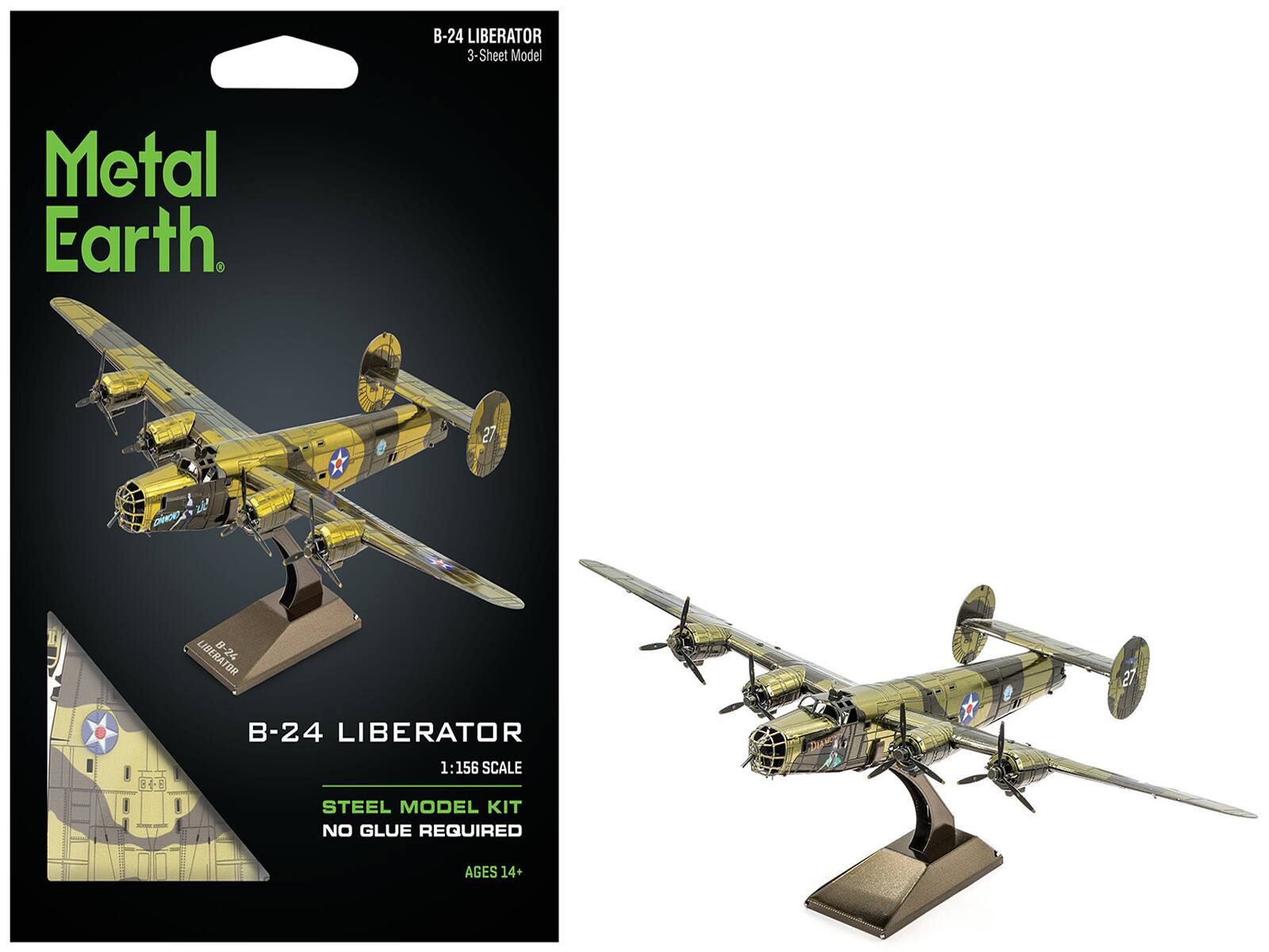 B-24 LIBERATOR  
3-Sheet Model  

Metal Earth  

B-24 LIBERATOR  
1:156 SCALE  
STEEL MODEL KIT  
NO GLUE REQUIRED  
AGES 14+