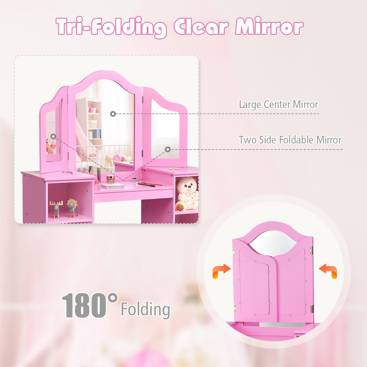 Tri-Folding Clear Mirror  
Large Center Mirror  
Two Side Foldable Mirror  
180° Folding