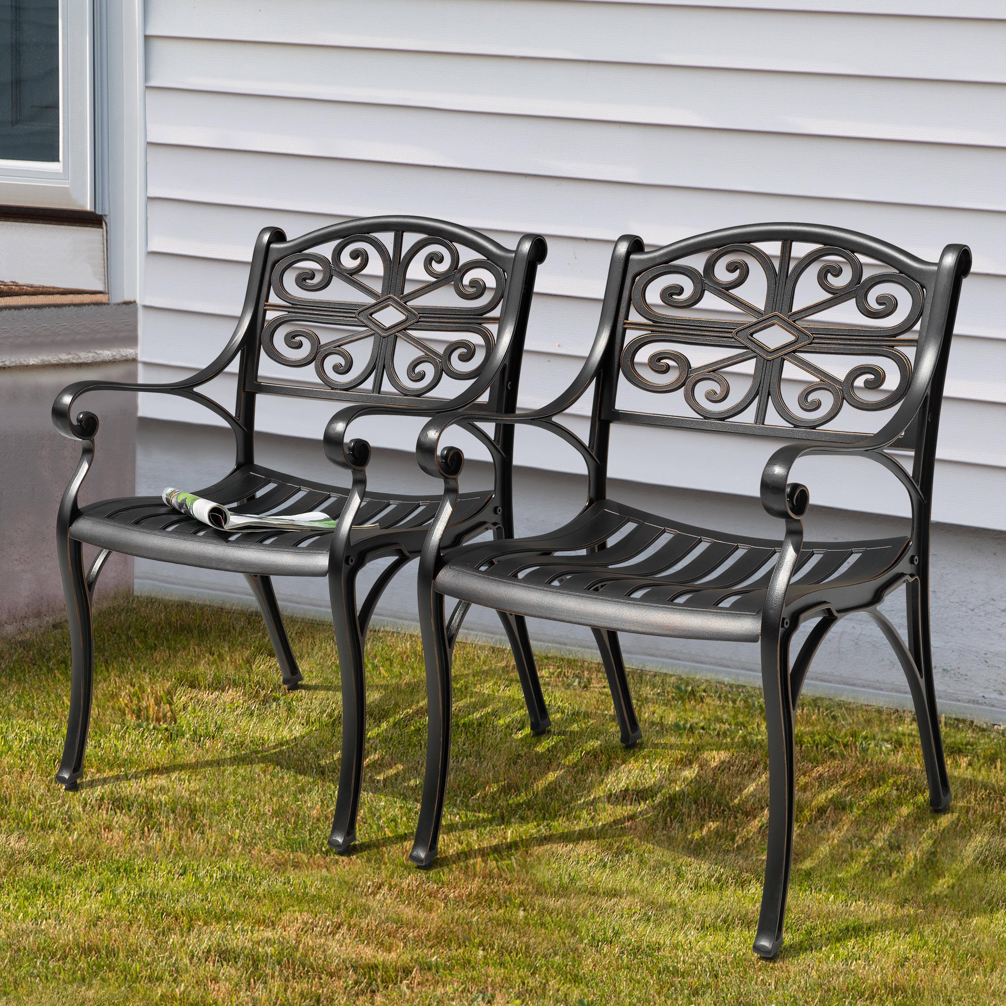 Alt View 4. Nuu Garden - Patio Cast Aluminum Dining Chairs of 2, Bistro Chairs with Armrests - Black with Gold-Painted Edges.