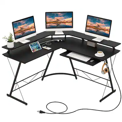 Front. Costway - Costway L-shaped Computer Desk with Power Outlet 51" Corner Computer Workstation - Black.