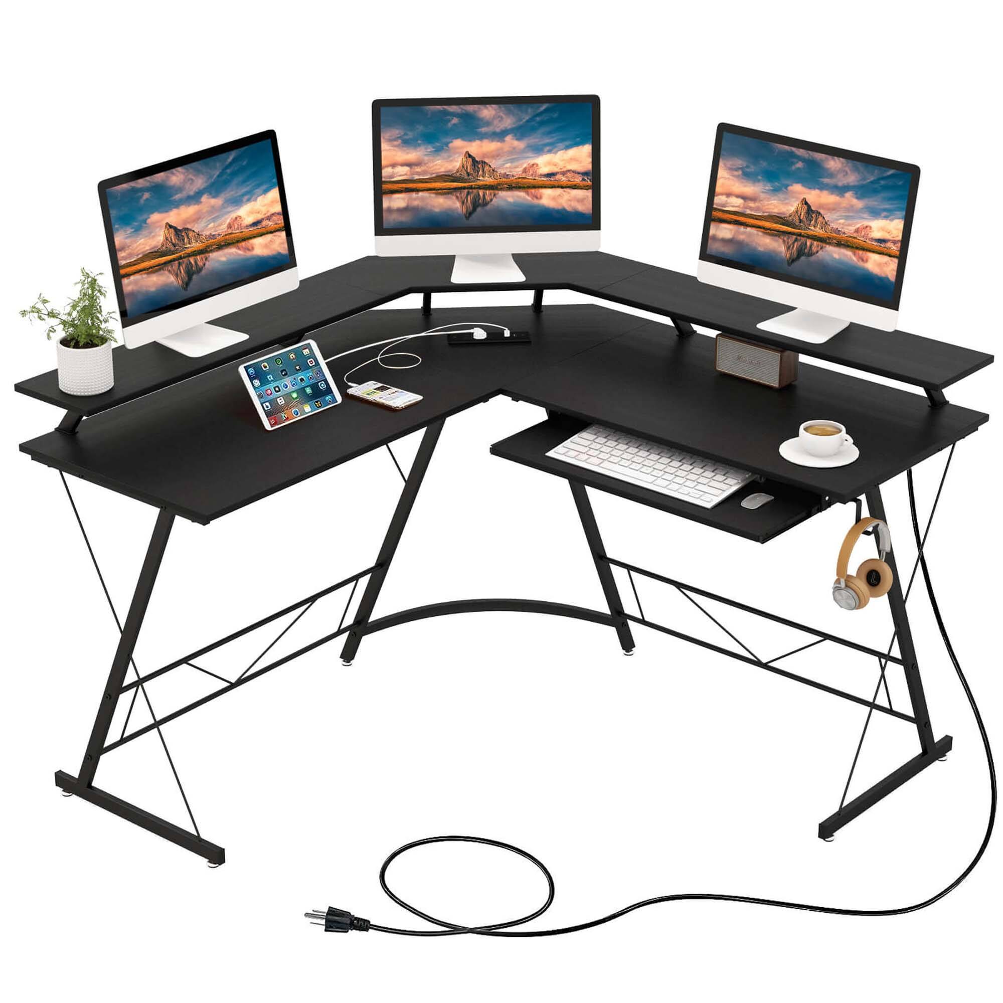 Costway - L-shaped Computer Desk with Power Outlet 51" Corner Computer Workstation - Black