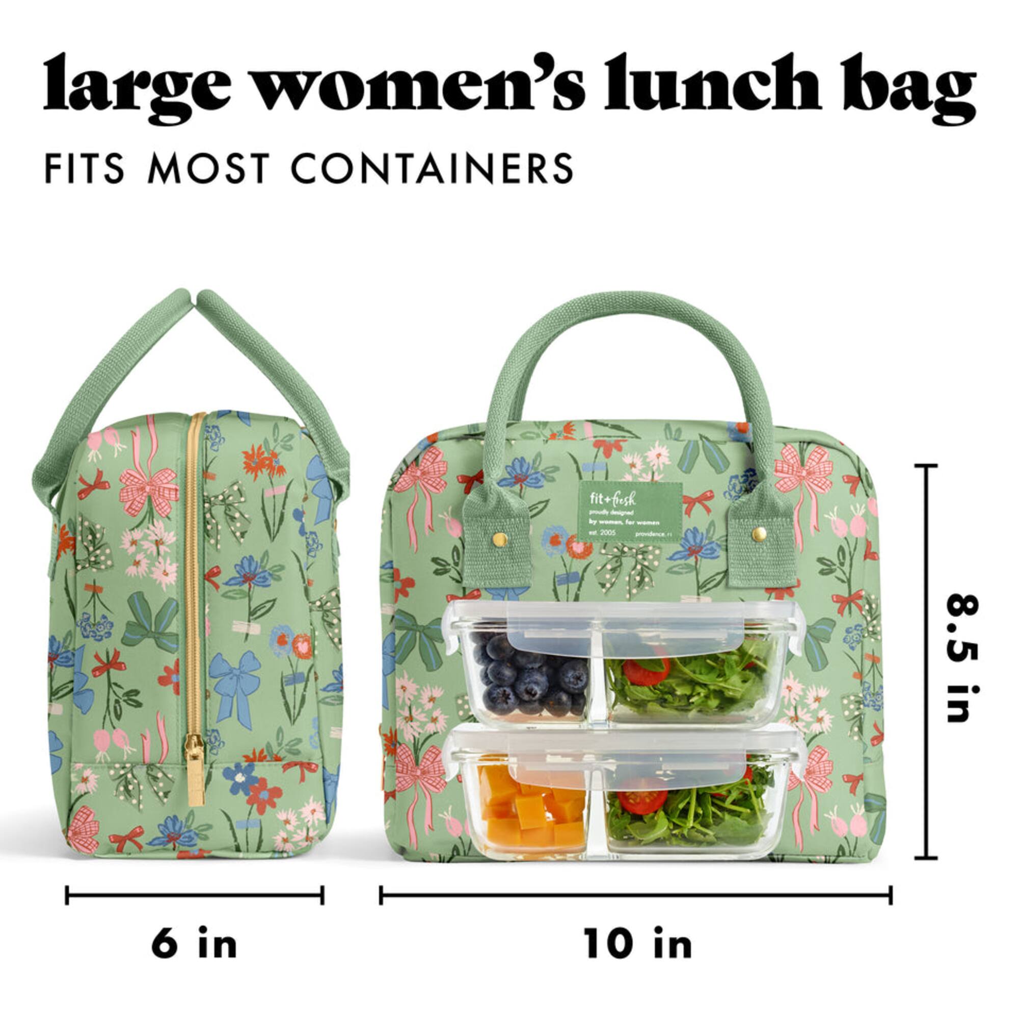 large women's lunch bag  
FITS MOST CONTAINERS  

fit+fresh  

6 in  
8.5 in  
10 in