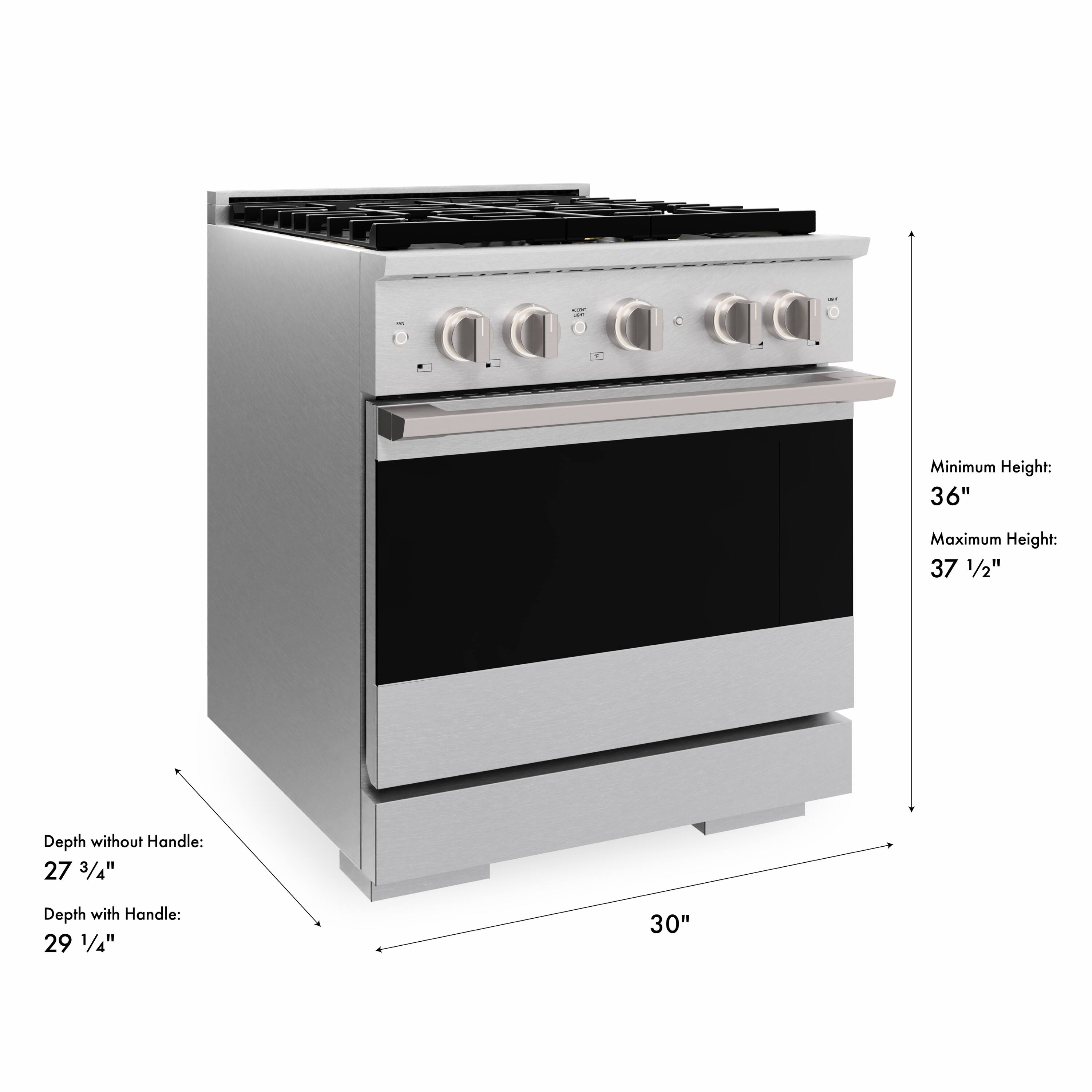 Minimum Height: 36"  
Maximum Height: 37 1/2"  
Depth without Handle: 27 3/4"  
Depth with Handle: 29 1/4"  
Width: 30"