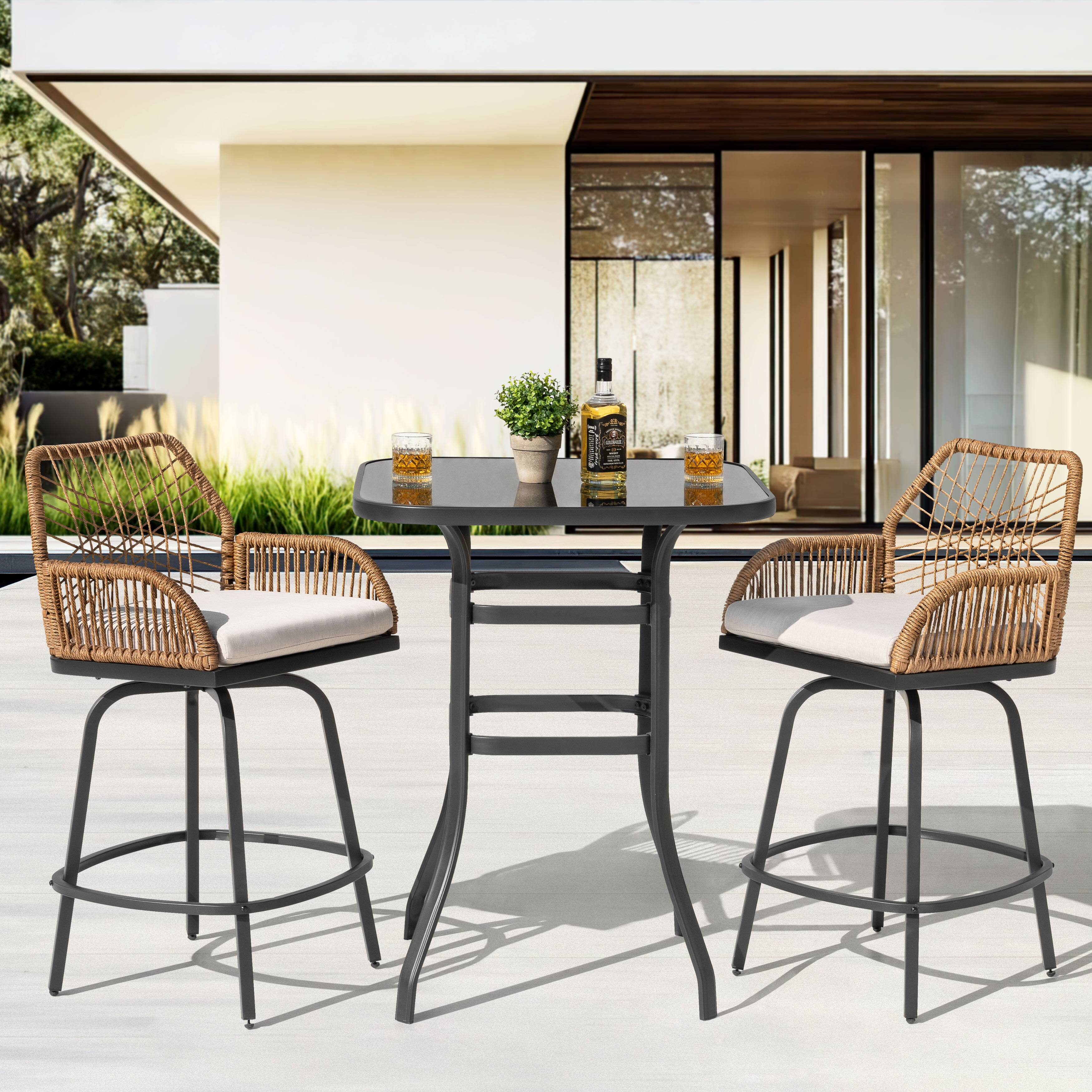 Angle. Nuu Garden - Swivel Patio Bar Set with Cushions, Handwoven Twisted Rattan Design - 3pc Glass Top.