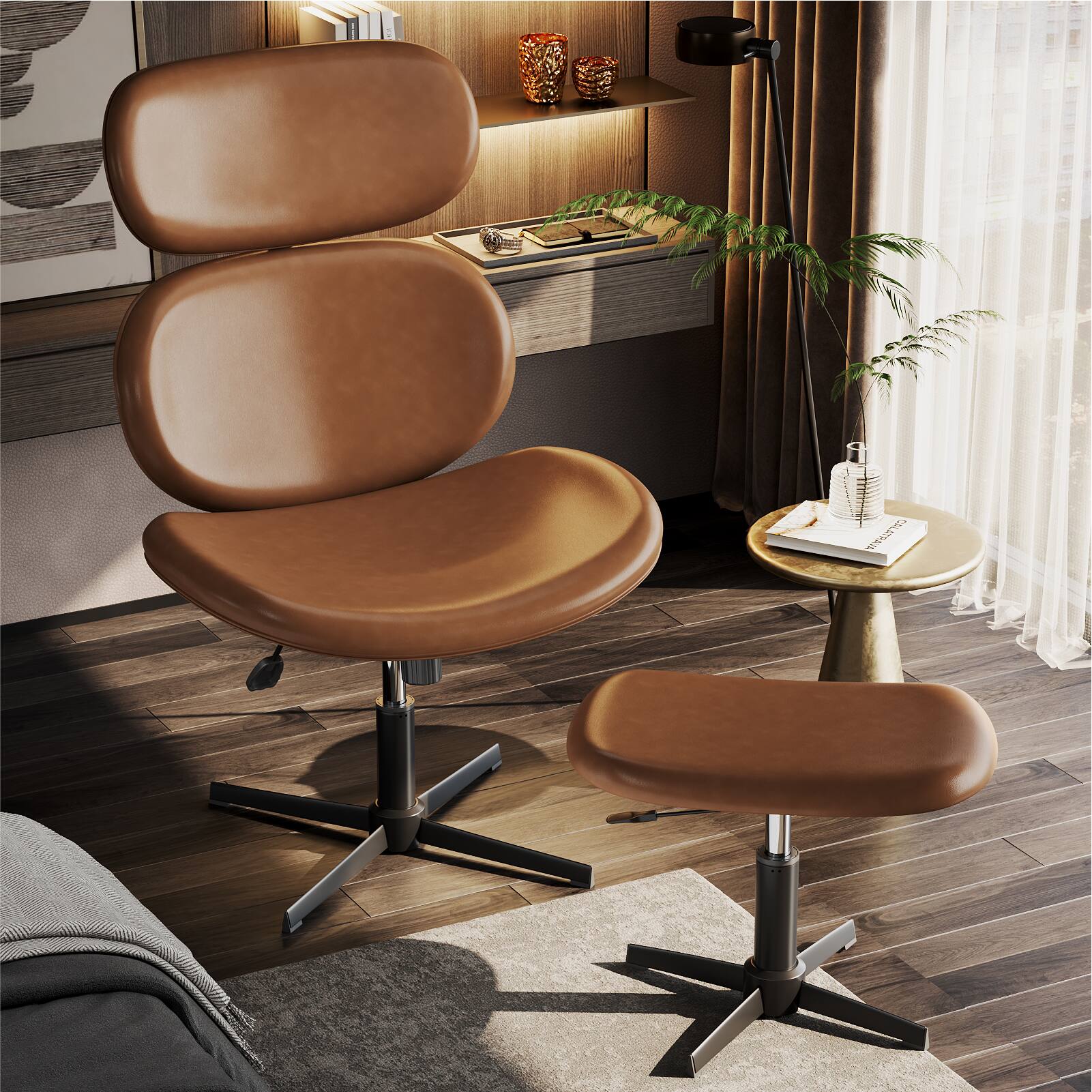 Angle. Bestier - Modern Armless Ergonomic Rocking Lounge Chair 360° Swivel Accent Chair with Ottoman PU Gaming Chair - orange.