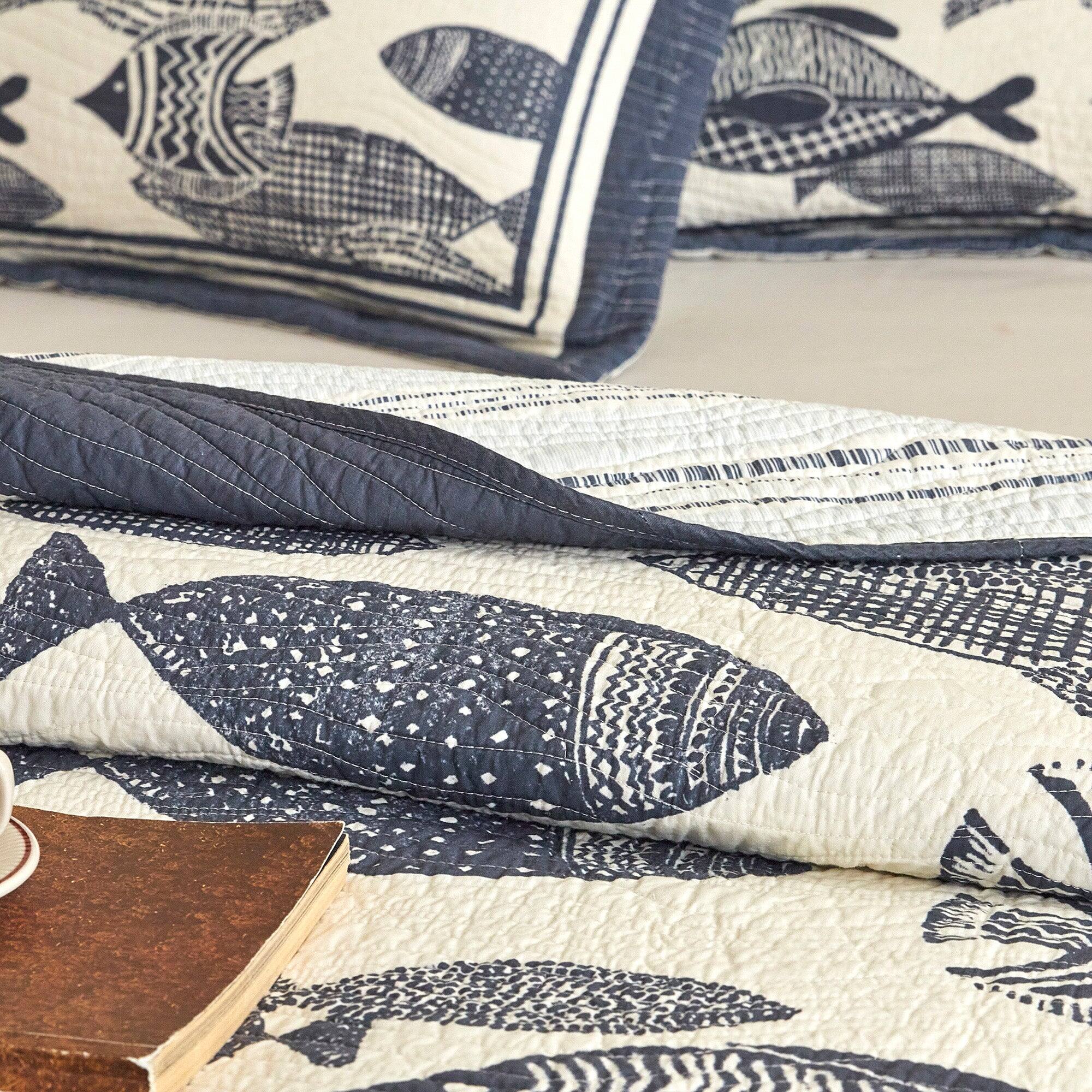 Alt View 1. MarCielo - Marcielo 3 Piece 100% Cotton Nautical Fish Print Quilt Bedspread Set - Coastal Blue.