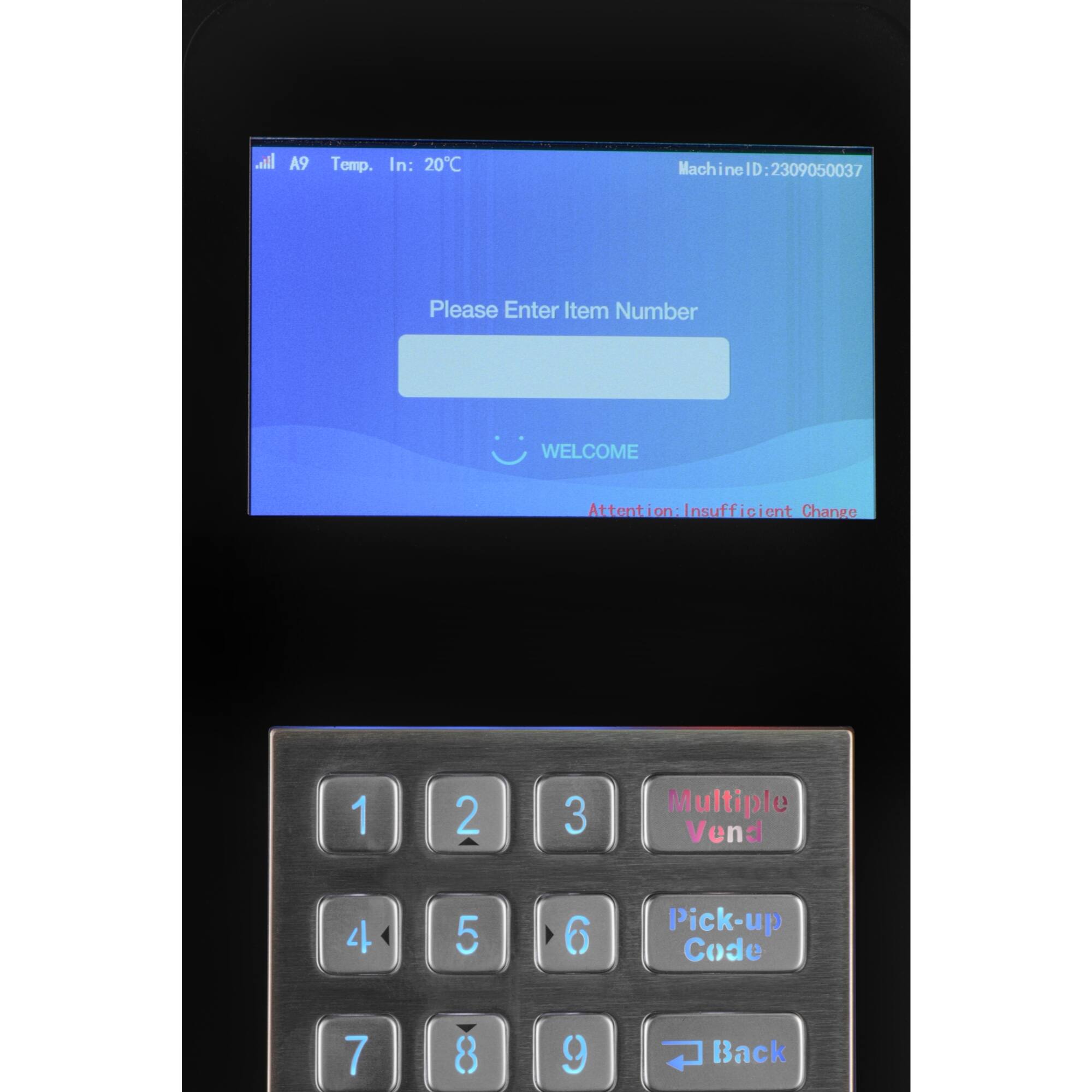 A9 Temp. In: 20°C  
Machine ID: 2309050037  

Please Enter Item Number  

WELCOME  
Attention: Insufficient Change  

1 2 3  
4 5 6  
7 8 9  

Multiple Vend  
Pick-up Code  
Back