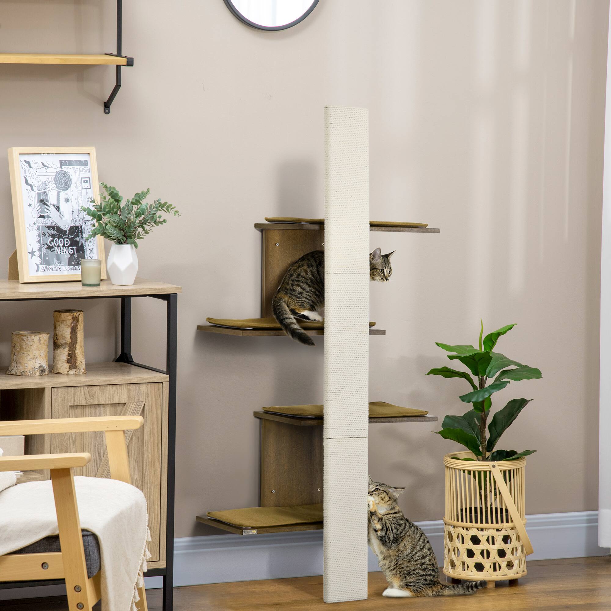 Angle. Pawhut - Wall-Mounted Cat Tree, 4-Layer Cat Wall Shelves with Scratching Board, Kitten Activity Center with Cushions - Natural wood finish.