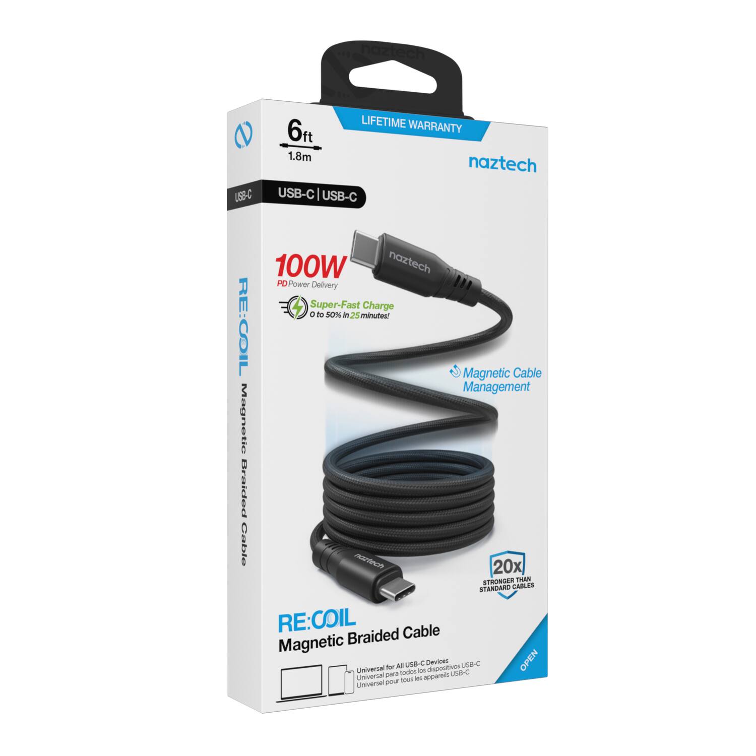 U5B-C LIFETIME WARRANTY 6ft 1.8m naztech USB-C USB-C 100W naztech PD Power Delivery Super-Fast Charge a to 50% in 25 minutes! RE:COIL Magnetic Cable Management Magnetic Braided Cable 20x STRONGER THAN STANDARD CABLES RE:COIL Cable Magnetic Braided Universal for All USB-C Devices dispositivos USB-C OPEN para todos LISI-C Universal tout - anparei Universel pour