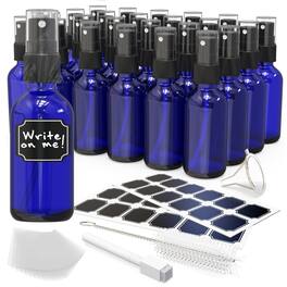 Nevlers - 2 Oz. Blue Glass Spray Bottles with Funnel, Brush, Shrink Wrap, Marker and Labels (Pack of 24)