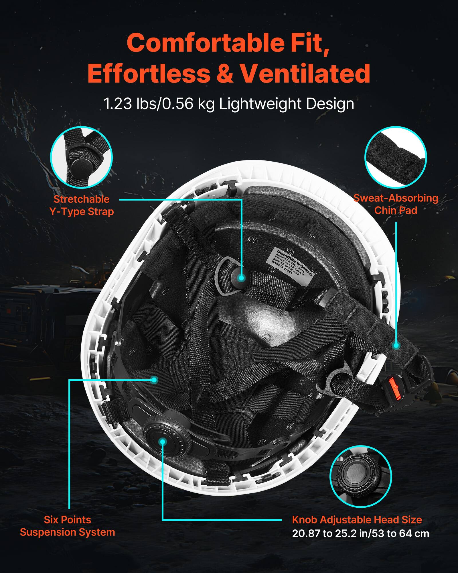 Comfortable Fit, Effortless & Ventilated  
1.23 lbs/0.56 kg Lightweight Design  
Stretchable Y-Type Strap  
Sweat-Absorbing Chin Pad  
Six Points Suspension System  
Knob Adjustable Head Size 20.87 to 25.2 in/53 to 64 cm