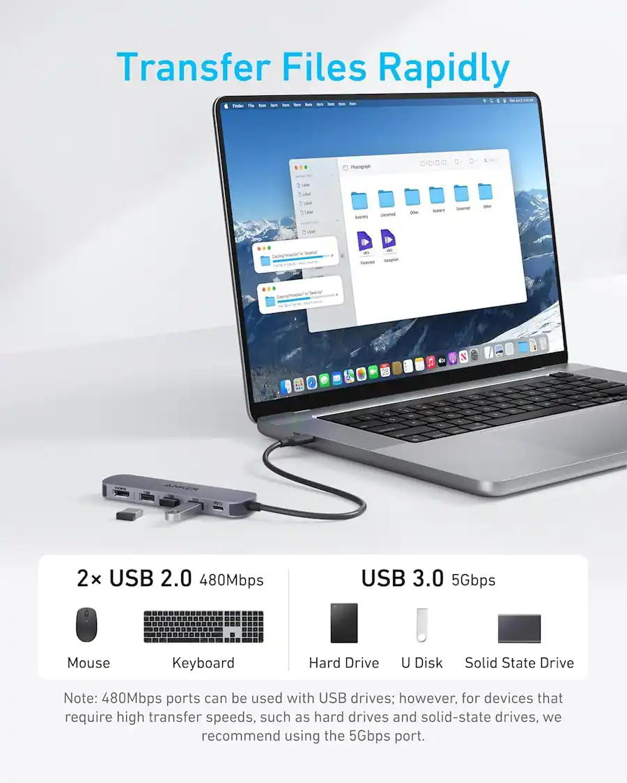Transferir archivos rápidamente - Tod Pngraph DIIDIO D- D 4 - 2 se e Loe Lae bueen uramed -e -T guered - 5 Lee heagad ina - Piatorec Iictoprier Seig 28 f EN 2x USB 2.0 480Mbps USB 3.0 5Gbps Teclado del mouse Disco duro Unidad de estado sólido U Nota: Los puertos de 480Mbps se pueden utilizar con unidades USB; sin embargo, Para dispositivos que requieren altas velocidades de transferencia, como discos duros y unidades de estado sólido, recomendamos utilizar el puerto de 5 Gbps.