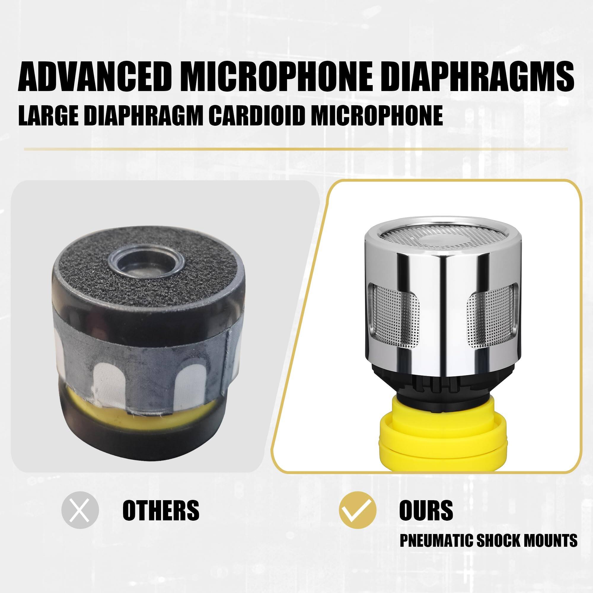 ADVANCED MICROPHONE DIAPHRAGMS  
LARGE DIAPHRAGM CARDIOID MICROPHONE  

OTHERS  
OURS  
PNEUMATIC SHOCK MOUNTS
