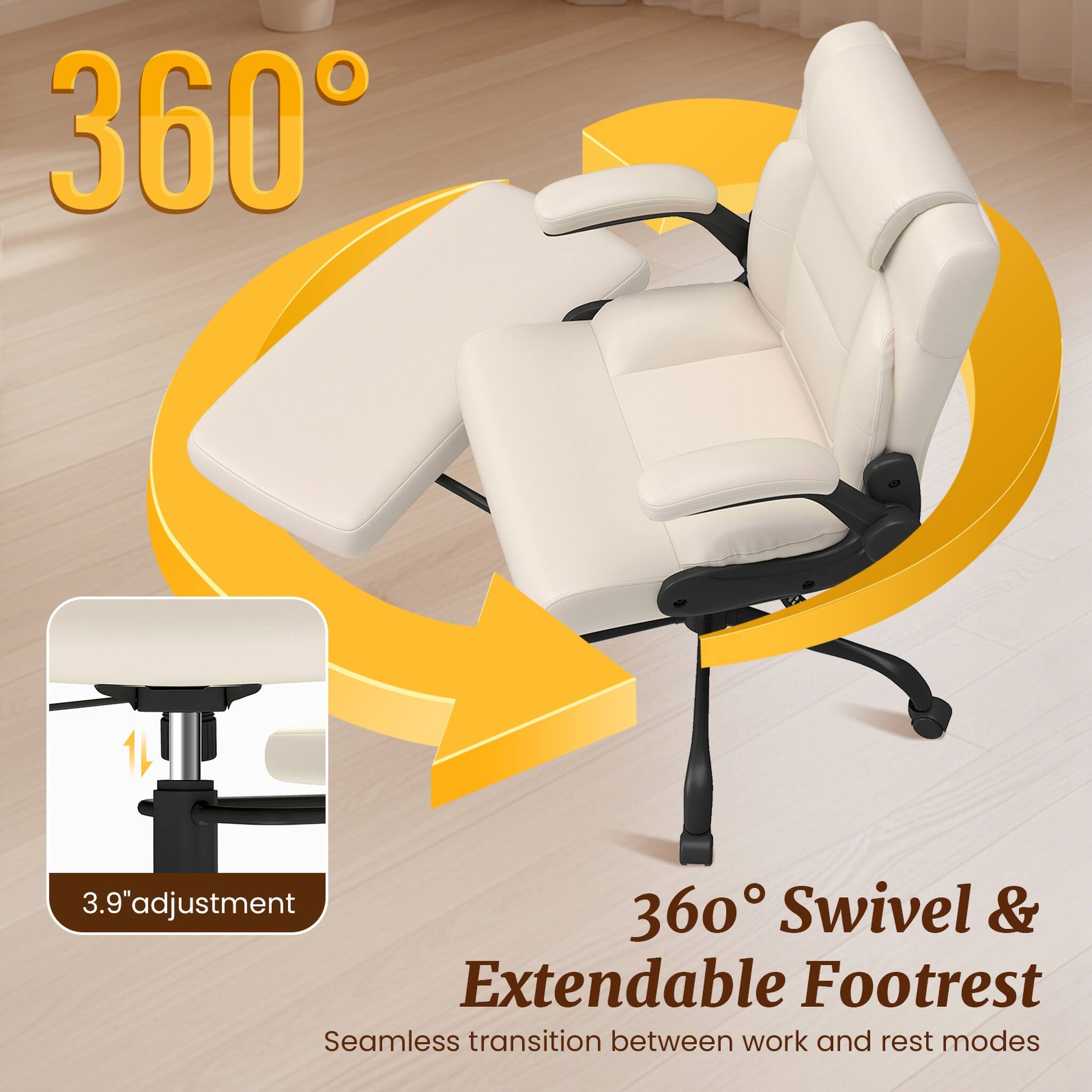 360°

3.9" adjustment

360° Swivel & Extendable Footrest

Seamless transition between work and rest modes
