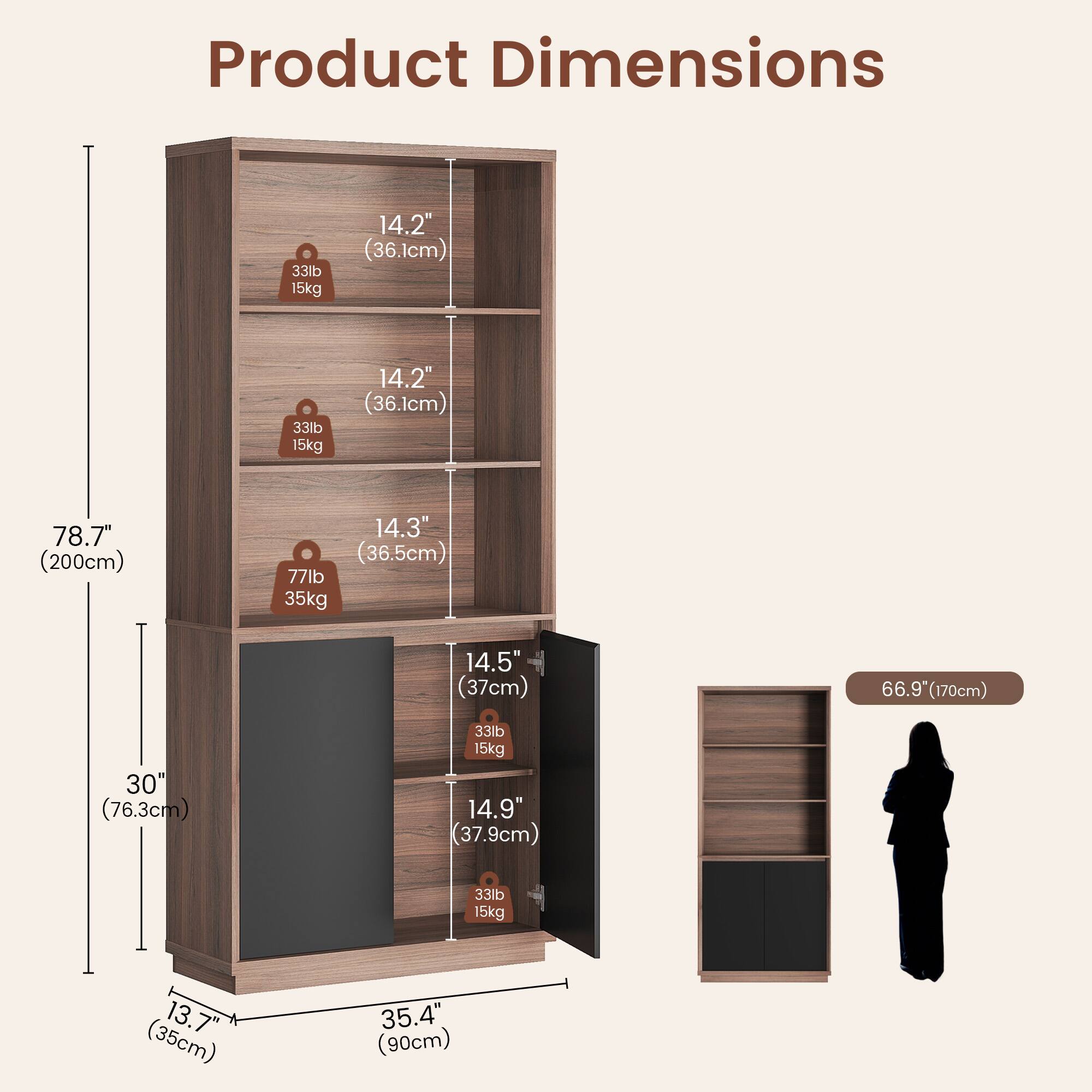 Product Dimensions

- 33lb (15kg) 14.2" (36.1cm) 78.7" (200cm) 14.3" (36.5cm) 77lb (35kg) 14.5" (37cm) 66.9" (170cm) 30" (76.3cm)
- 33lb (15kg) 14.9" (37.9cm) 33lb (15kg) 13.7" (35cm) 35.4" (90cm)