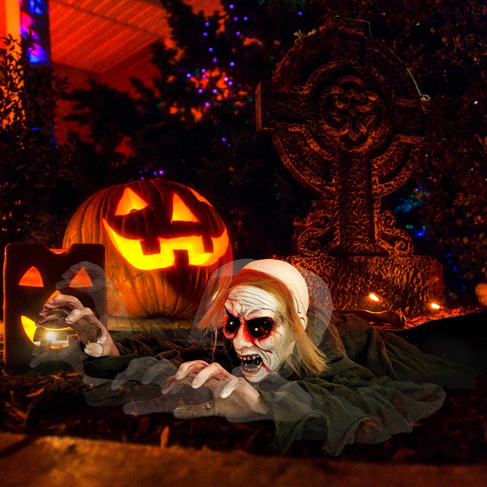 Alt View 11. Costway - Halloween Groundbreaker Voice Activated Climbing Zombie w/ Light up Eyes & Creepy Sound Crawling Life-Size - Colorful.