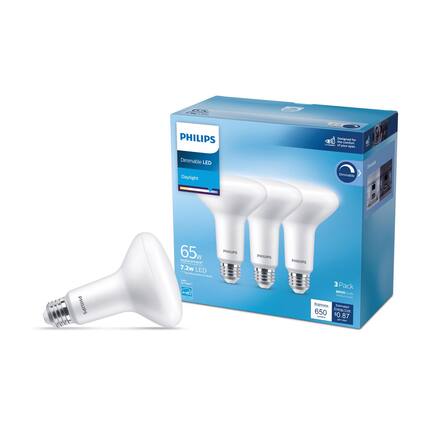 PHILIPS Dimmable LED Daylight 65W Replacement 7.2W LED - 3 Pack
Brightness: 650 lumens
Estimated Energy Cost: $0.87 per year