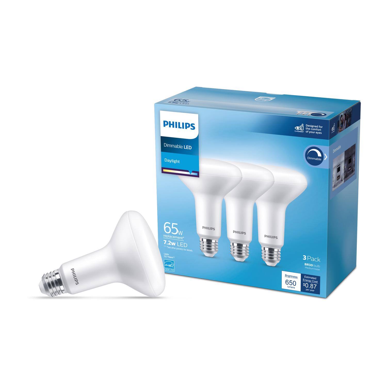 PHILIPS Dimmable LED Daylight 65W Replacement 7.2W LED - 3 Pack  
Brightness: 650 lumens  
Estimated Energy Cost: $0.87 per year