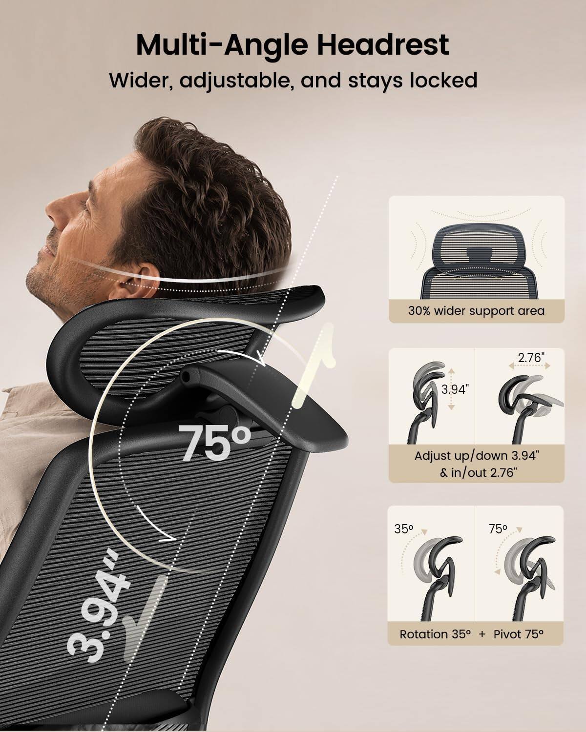 Multi-Angle Headrest  
Wider, adjustable, and stays locked  

30% wider support area  

Adjust up/down 3.94" & in/out 2.76"  

Rotation 35° + Pivot 75°
