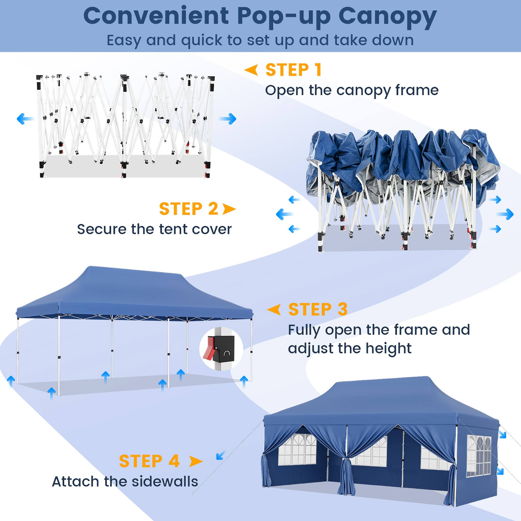 Convenient Pop-up Canopy

Easy and quick to set up and take down

STEP 1: Open the canopy frame

STEP 2: Secure the tent cover

STEP 3: Fully open the frame and adjust the height

STEP 4: Attach the sidewalls