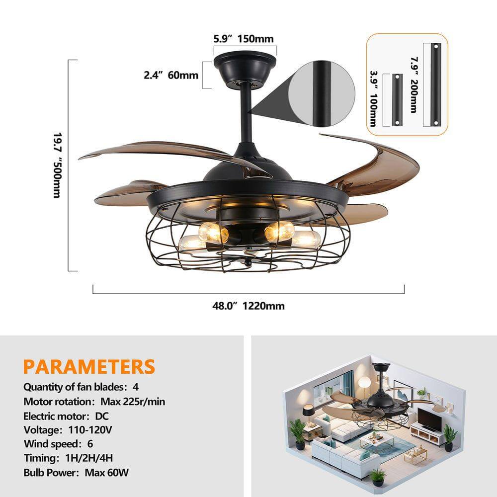 19.7" 500mm  
2.4" 60mm  
5.9" 150mm  
3.9" 100mm  
7.9" 200mm  
48.0" 1220mm  

PARAMETERS  
Quantity of fan blades: 4  
Motor rotation: Max 225r/min  
Electric motor: DC  
Voltage: 110-120V  
Wind speed: 6  
Timing: 1H/2H/4H  
Bulb Power: Max 60W