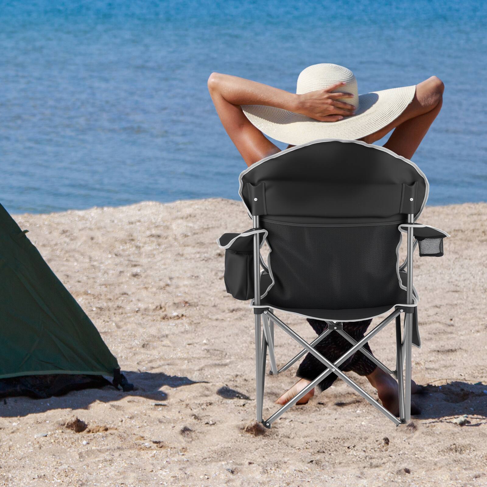 Left. AENKYO - Oversized Camping Folding Chair with Cup Holder Storage and Cooler Bag, Portable for Outdoor - Black grey.