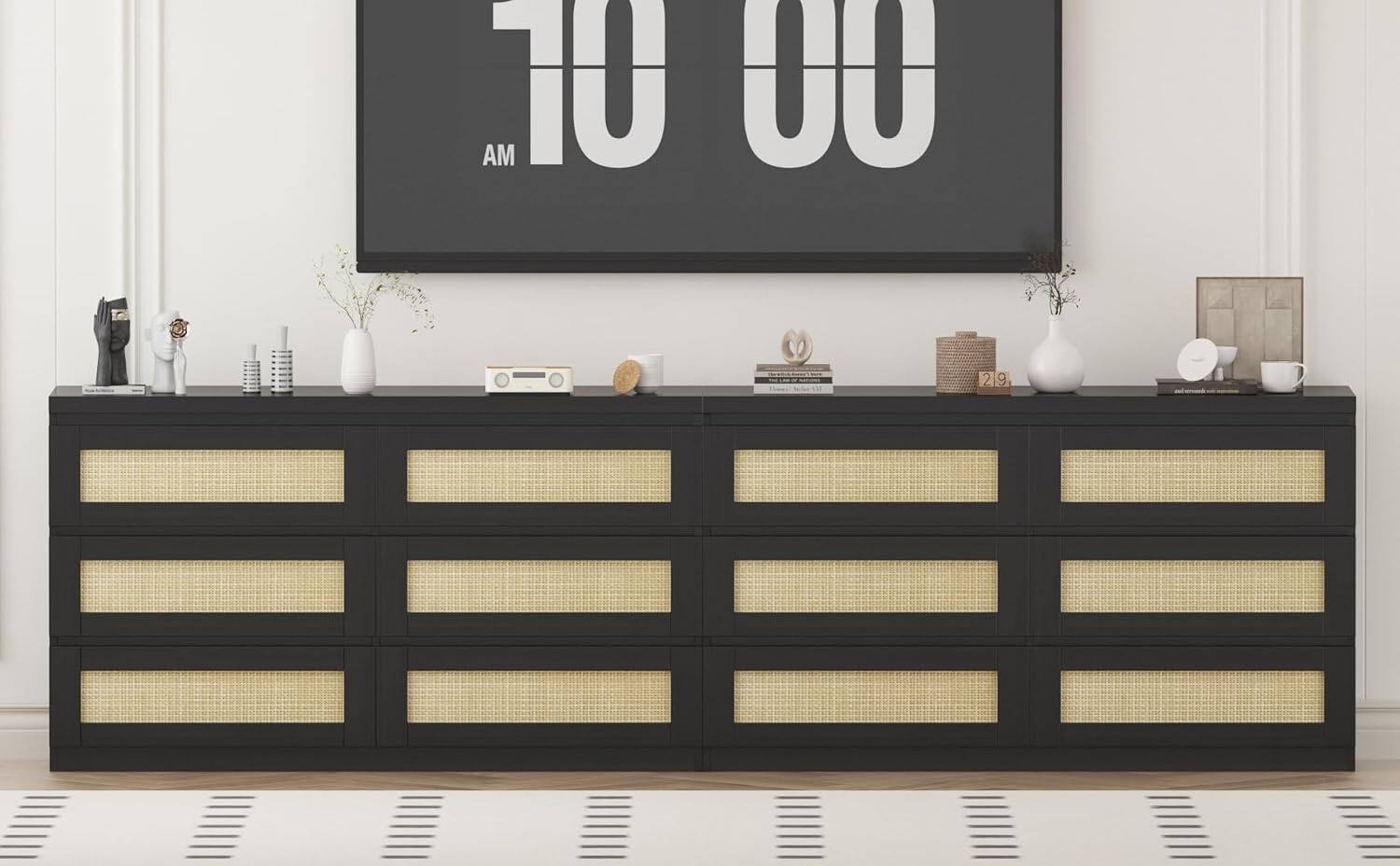 Alt View 3. GARVEE - Rattan Dresser for Bedroom with 6 Drawers, 47" Modern Farmhouse Wide Chest of Drawers, Wood Storage Cabinet Organizer - ‎Black.