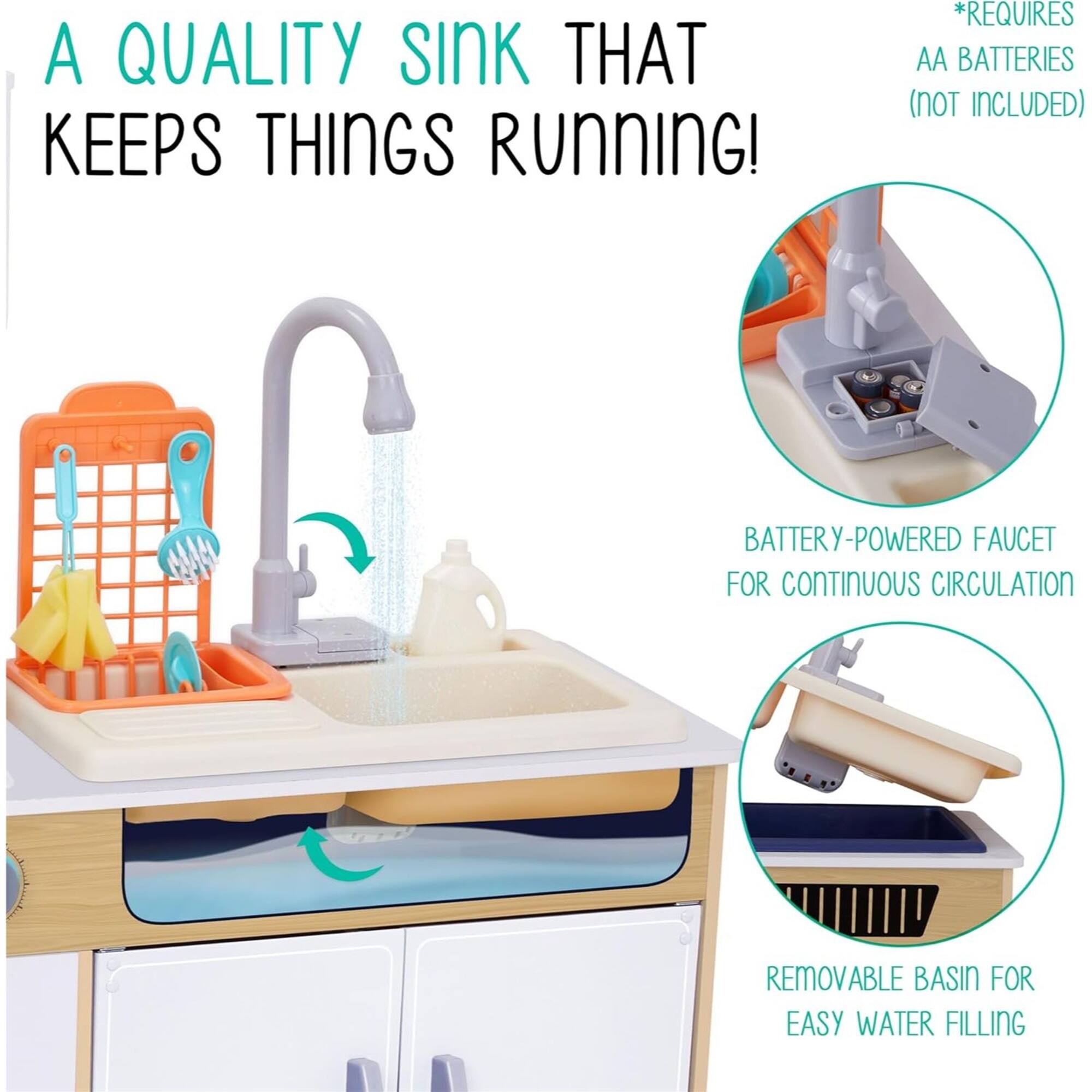 A QUALITY SINK THAT KEEPS THINGS RUNNING! *REQUIRES AA BATTERIES (NOT INCLUDED) BATTERY-POWERED FAUCET FOR CONTINUOUS CIRCULATION REMOVABLE BASIN FOR EASY WATER FILLING