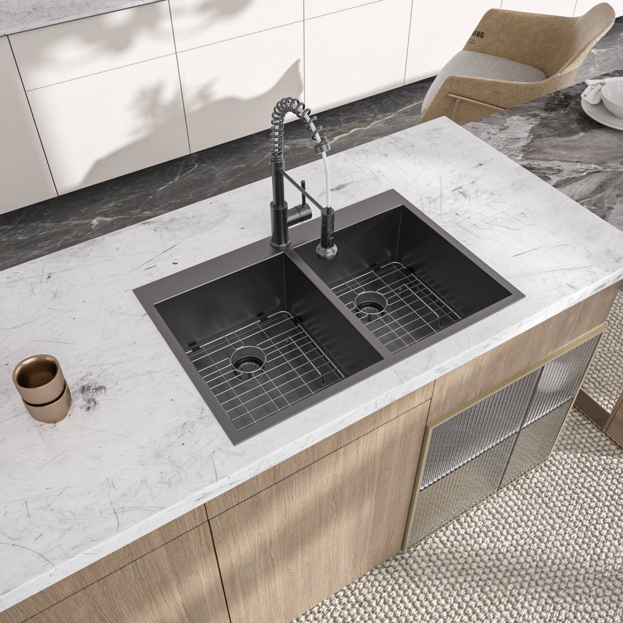 Angle. Lordear - 33"x22"x10" Gunmetal Black Double Bowl Drop in Kitchen Sink 16 Gauge with Two 10" Deep Basin - Stainless steel.