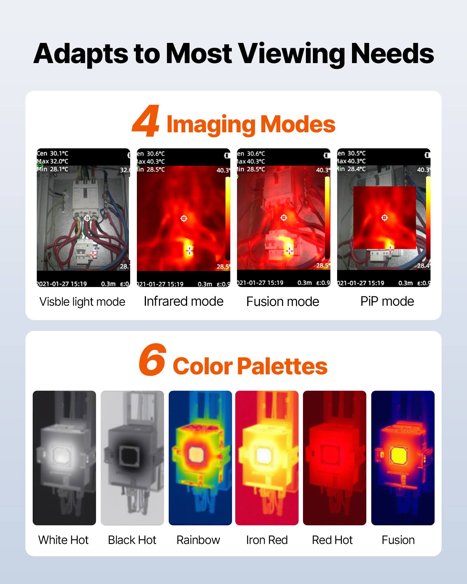 Adapts to Most Viewing Needs

4 Imaging Modes
- Visible light mode
- Infrared mode
- Fusion mode
- PiP mode

6 Color Palettes
- White Hot
- Black Hot
- Rainbow
- Iron Red
- Red Hot
- Fusion