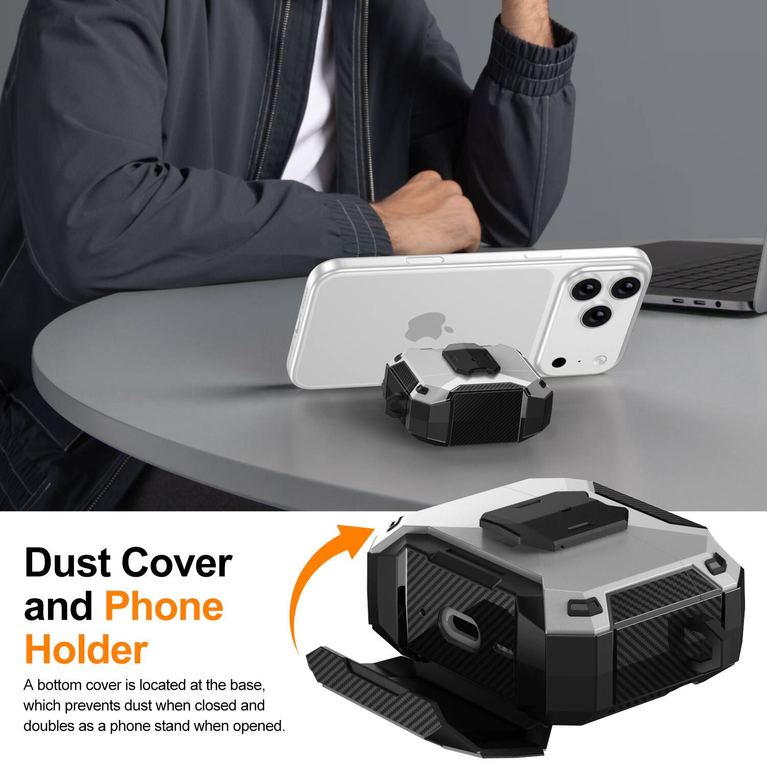 Dust Cover and Phone Holder

A bottom cover is located at the base, which prevents dust when closed and doubles as a phone stand when opened.