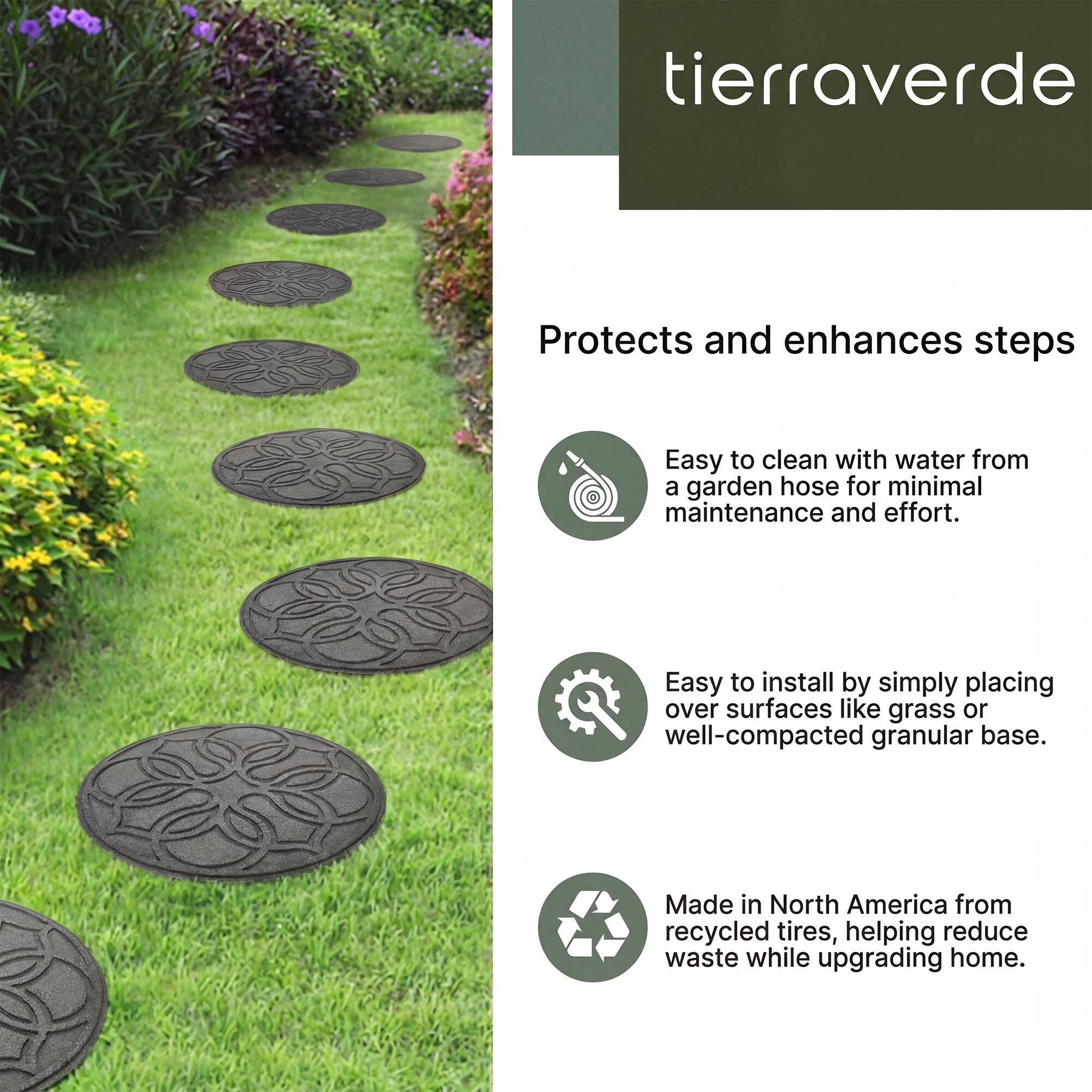 tierraverde Protects and enhances steps Easy to clean with water from a garden hose for minimal maintenance and effort. Easy to install by simply placing over surfaces like grass or well-compacted granular base. Made in North America from recycled tires, helping reduce waste while upgrading home.