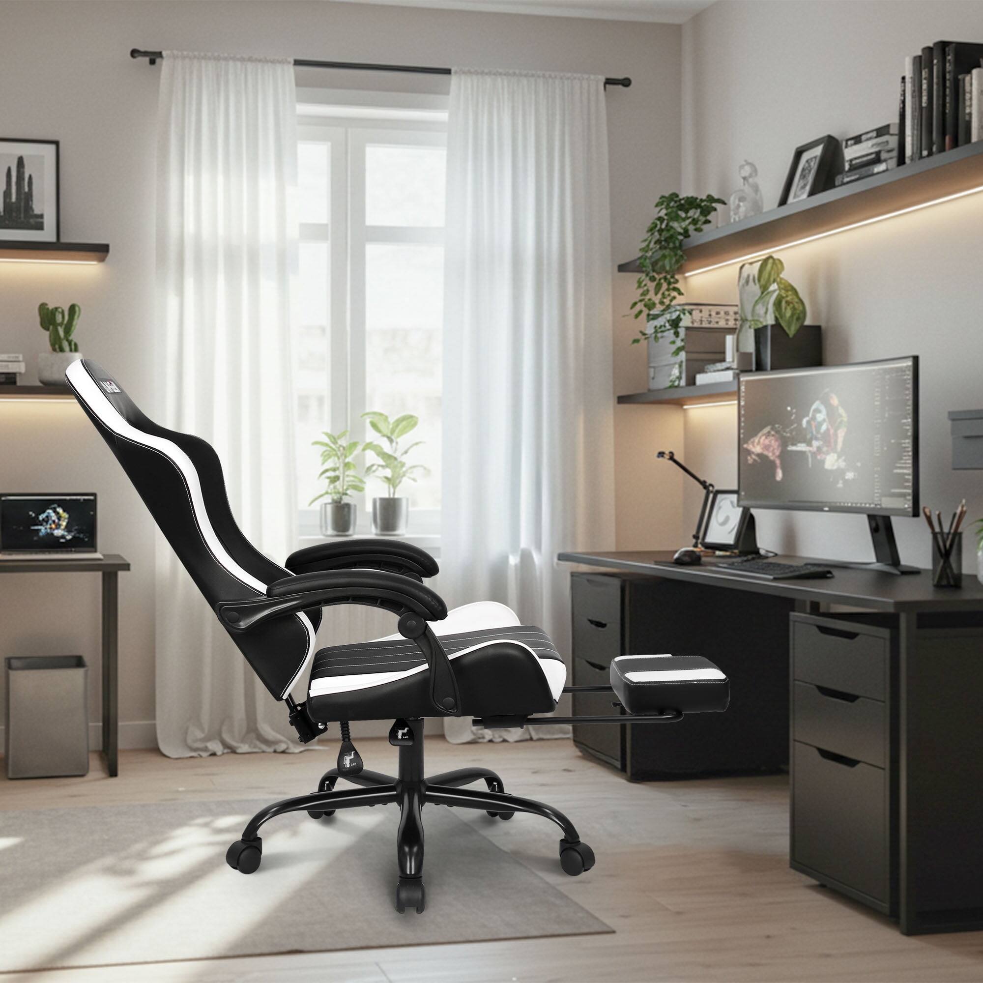 Alt View 6. Neo Chair - Gaming Chair with Footrest High Back Ergonomic Comfortable Office Computer Desk Lumbar Support with PU Leather Recliner - White.