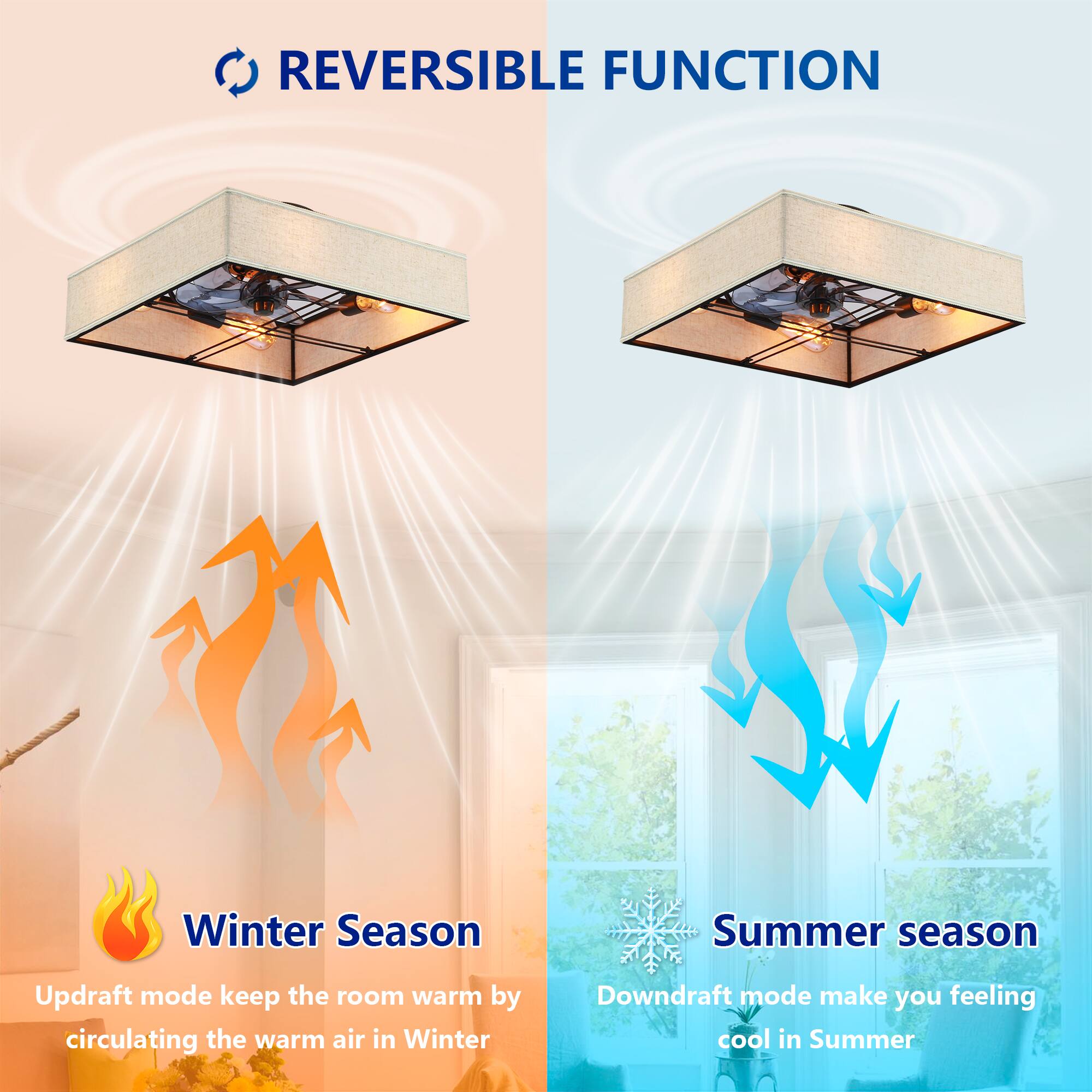 REVERSIBLE FUNCTION

Winter Season  
Updraft mode keeps the room warm by circulating the warm air in Winter

Summer season  
Downdraft mode makes you feeling cool in Summer