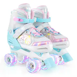 Costway - 4 Sizes Adjustable Quad Skates with Light-up Wheels Safety Protection for Ages 13+ - Blue