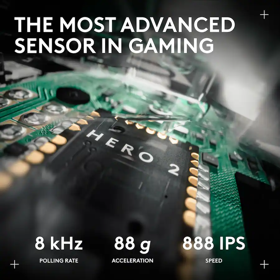 THE MOST ADVANCED SENSOR IN GAMING HERO 2 8 kHz POLLING RATE 88 g ACCELERATION 888 IPS SPEED