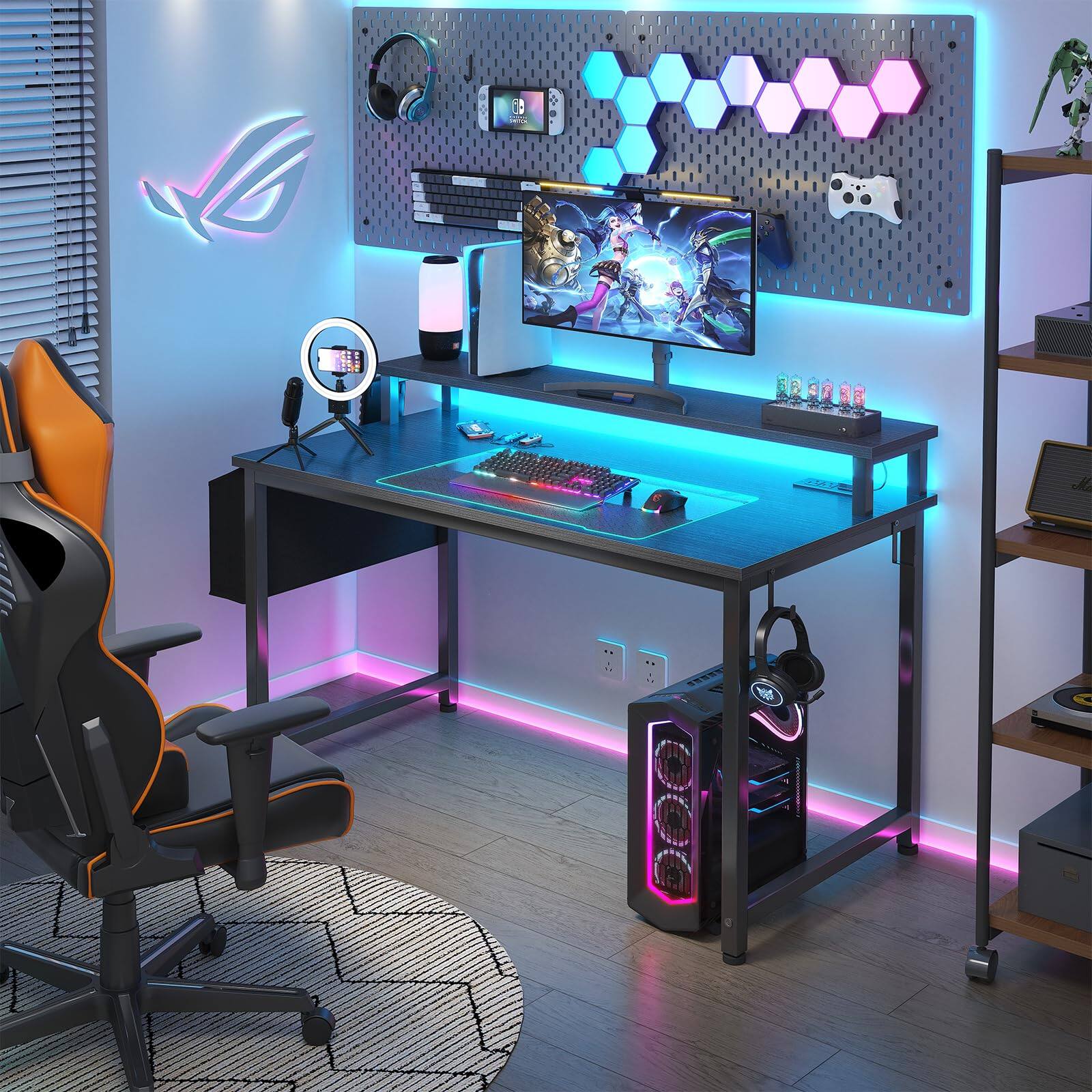 Left. Stylel Star - Lufeiya Black Gaming Desk with LED Lights and Power Outlets, 40 Inch Teen Writing Study Table Home Office Desks with ... - Black.