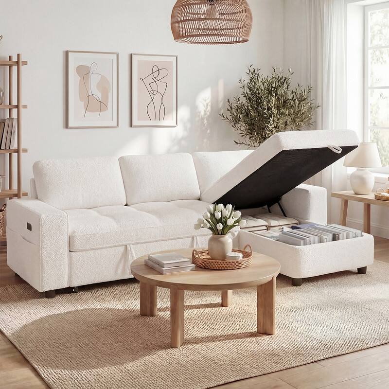 Alt View 5. Dyonery - Dyonery 81" Sleeper Sofa, Convertible Sofa Bed with Storage, Sectional Couch L Shaped 3 Seat Sectional Sleeper Sofa - Beige.