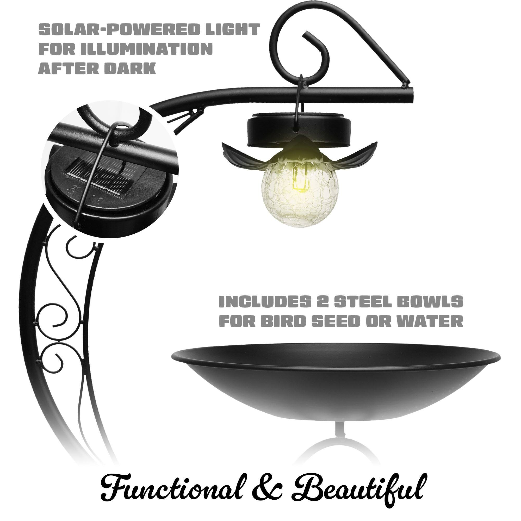 SOLAR-POWERED LIGHT FOR ILLUMINATION AFTER DARK  
INCLUDES 2 STEEL BOWLS FOR BIRD SEED OR WATER  
Functional & Beautiful