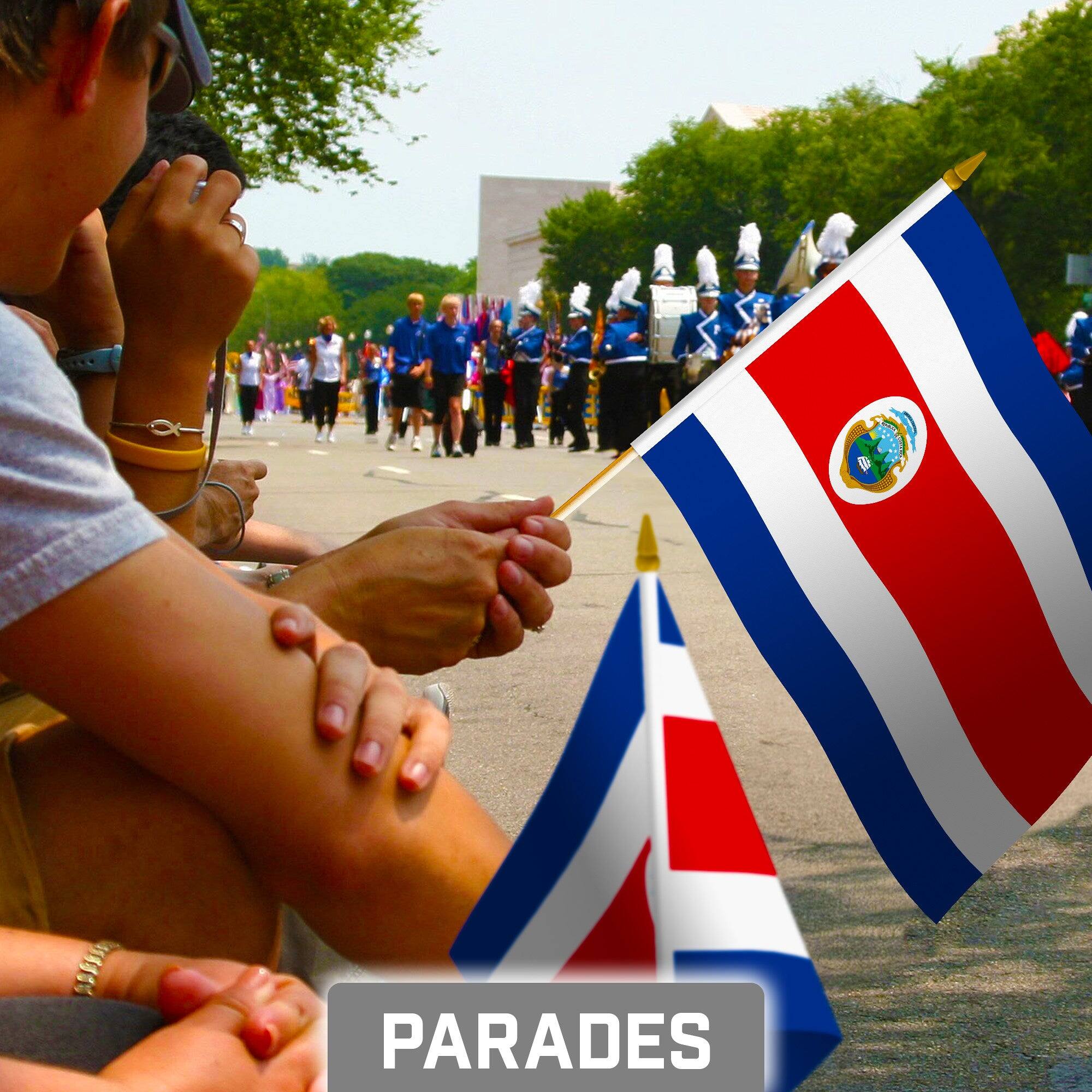 Alt View 1. G128 - 50-Pack Handheld Costa Rica Stick Flags, 8 x 12 in, 150D Polyester, Wooden Stick with Gold Spear Tip. - Assorted Colors.