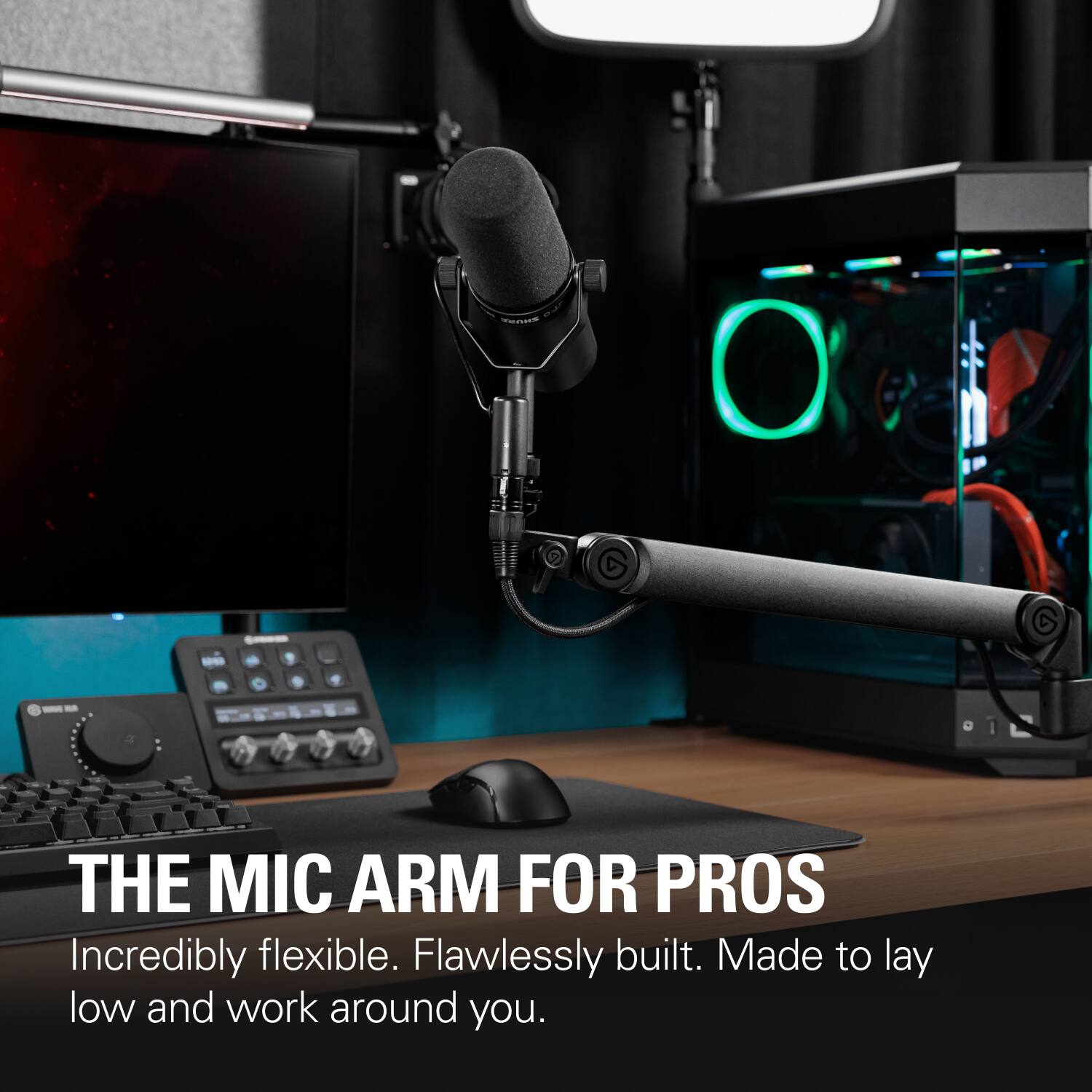 The Mic Arm for Pros is incredibly flexible, flawlessly built, and made to lay low and work around you.