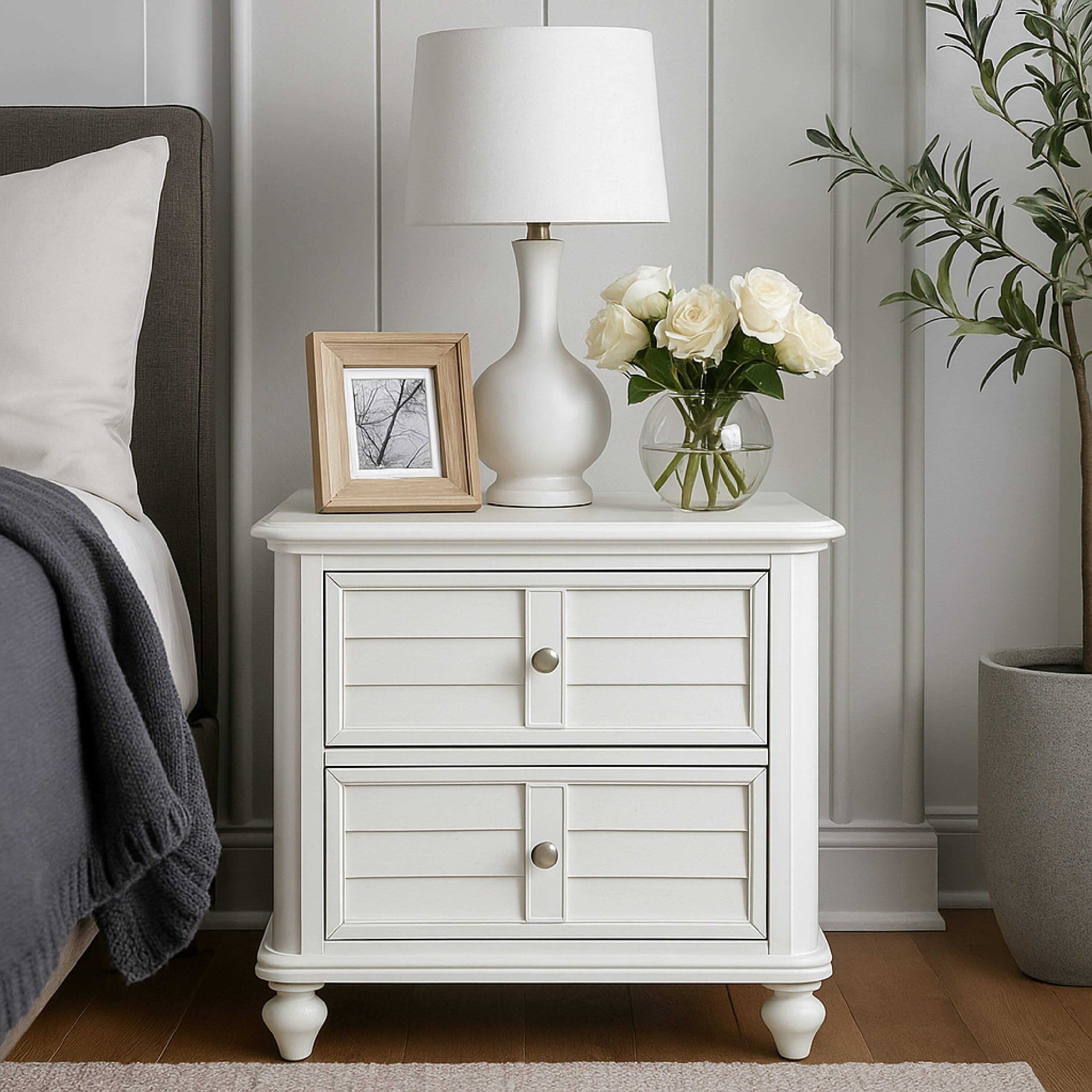 Alt View 5. Manhattan Lane - Kyna Nightstand, 2 Drawers, Classic Antique White Solid Wood, 28 Inch - White.
